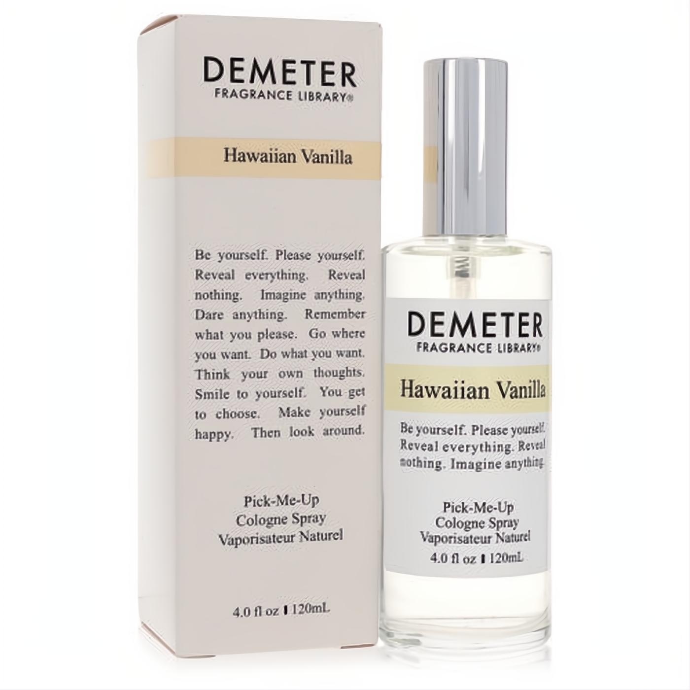 Demeter Hawaiian Vanilla 4 oz cologne spray: clear glass bottle with sleek silver cap, beside its minimalist white box.