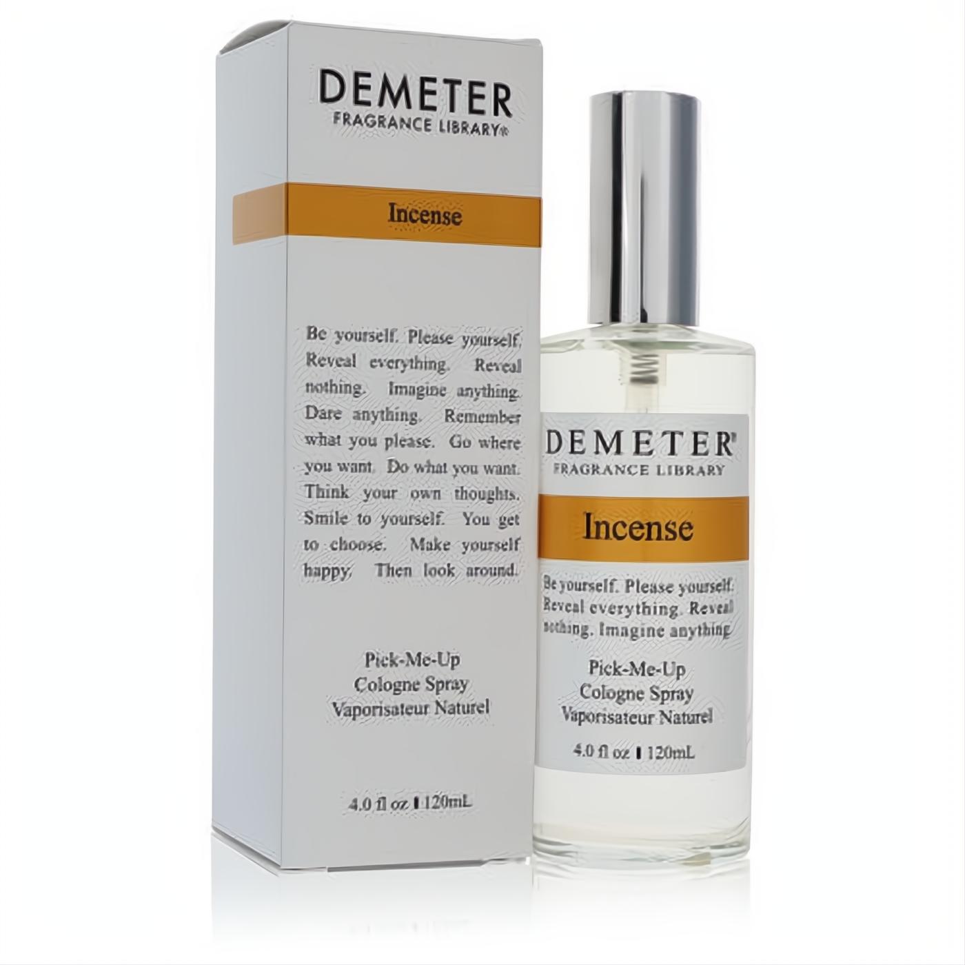 Demeter Incense 4oz unisex cologne spray. Clear glass bottle with sleek silver cap and elegant white box, featuring a warm orange label.