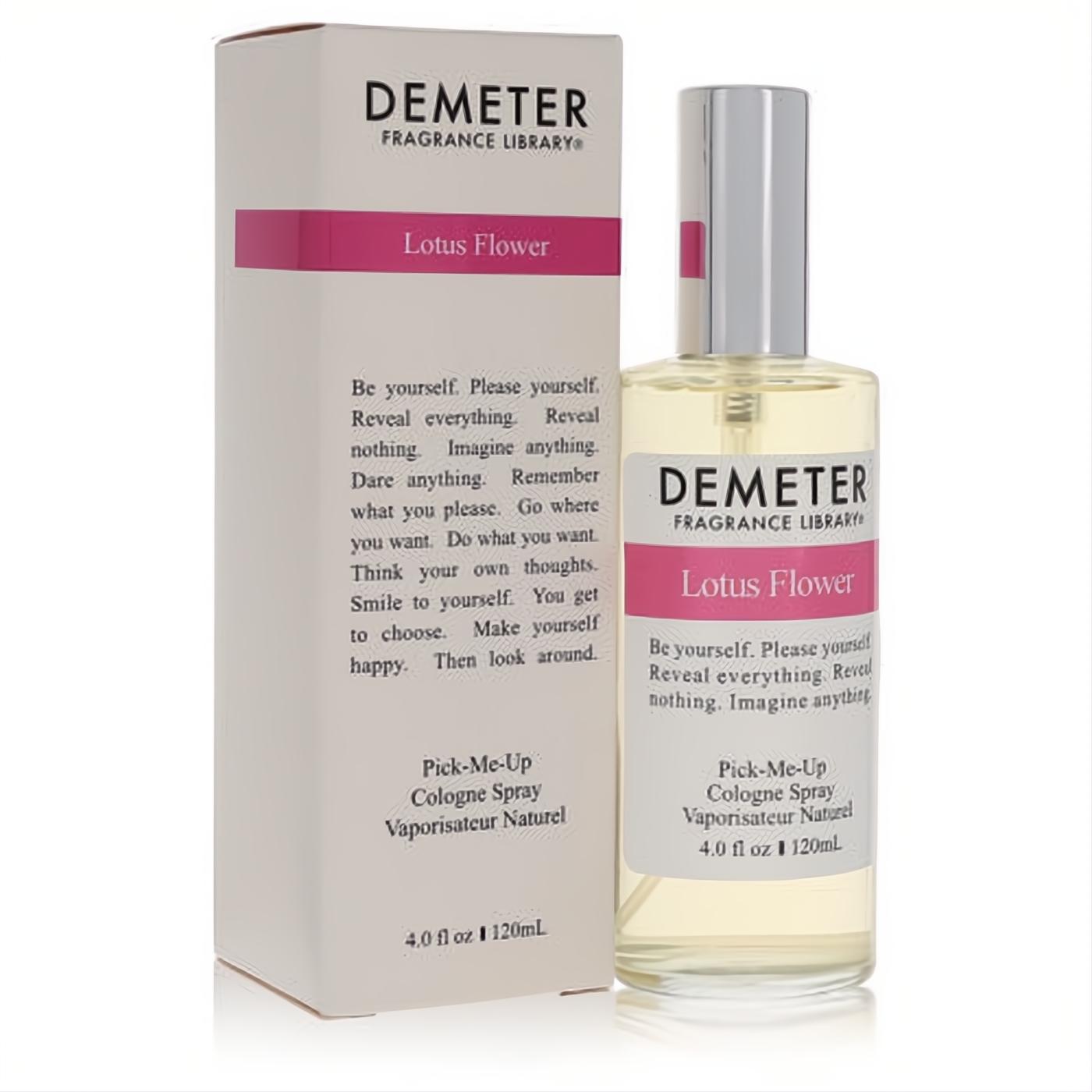 Demeter Lotus Flower 4 oz cologne spray in an elegant clear glass bottle with silver cap, next to its chic white and pink box.