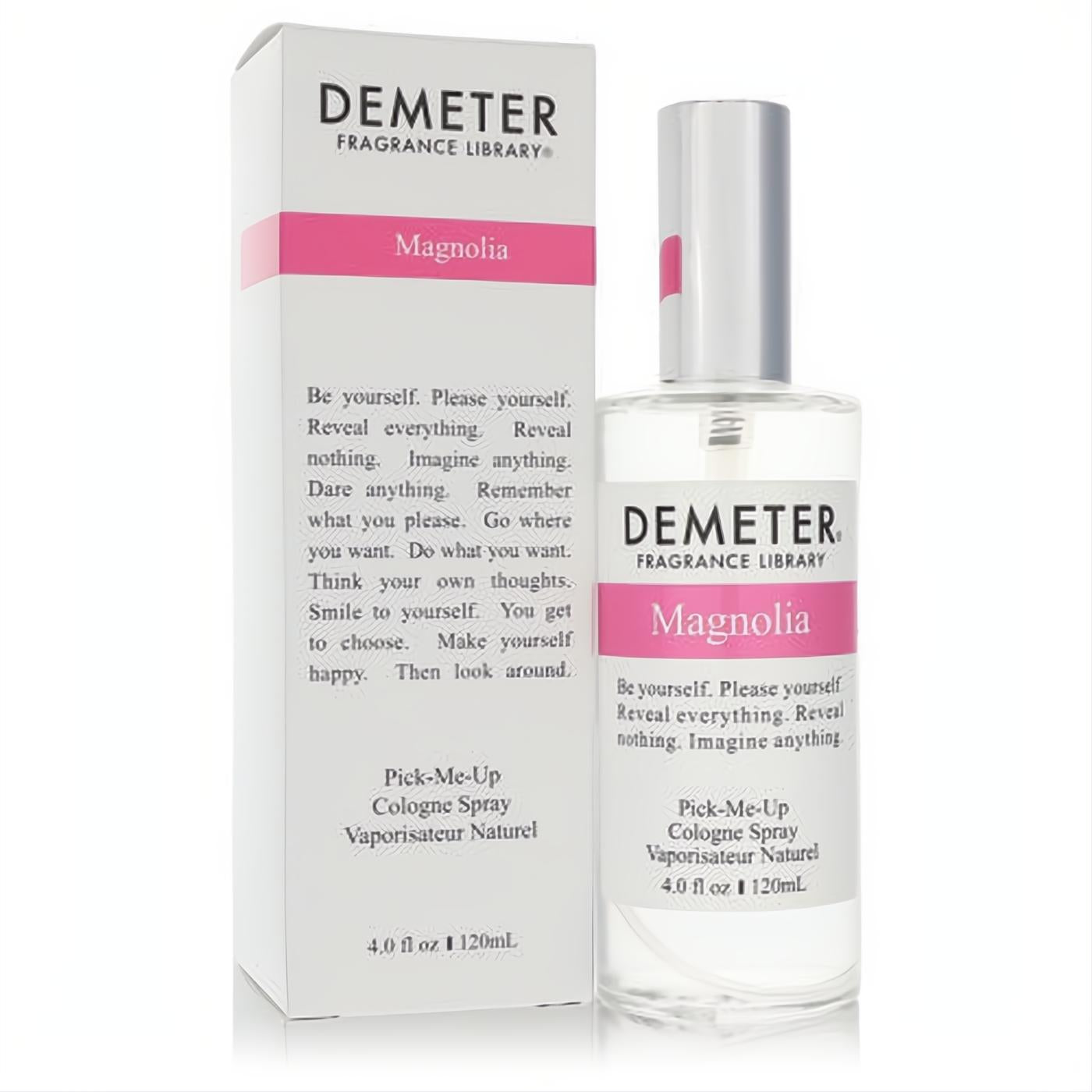 Discover Demeter Magnolia 4 oz cologne spray. Clear bottle with silver cap, elegant pink and white label, beside its matching box.