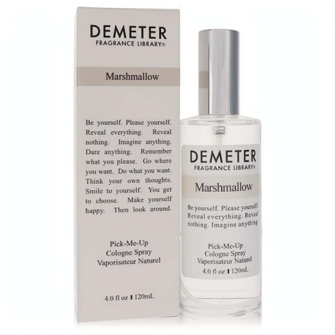 Demeter Marshmallow 4 oz cologne spray: elegant clear bottle with silver cap, white label, and matching box for a sweet fragrance.