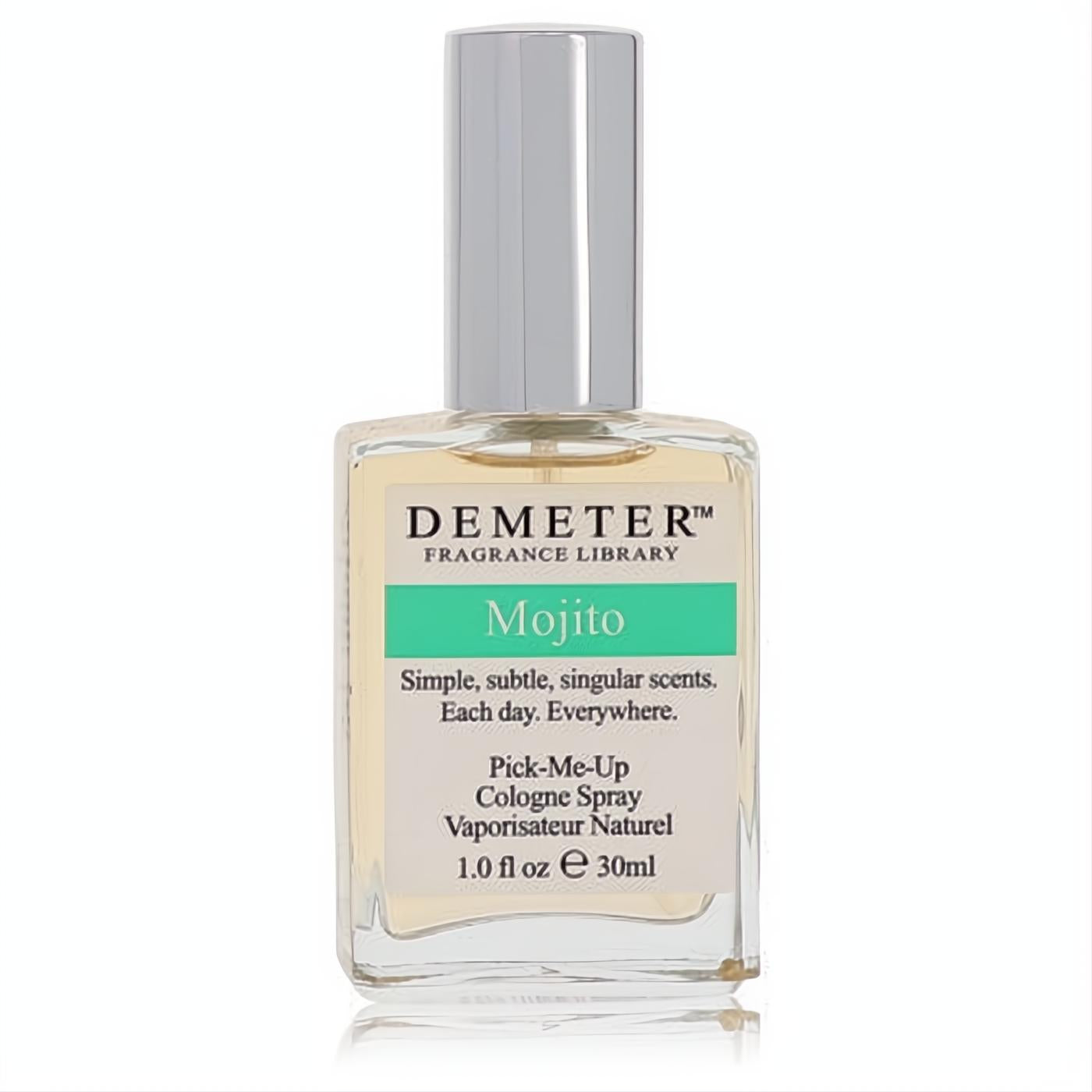 Refreshing Demeter Mojito 1 oz cologne spray in a clear glass bottle with a sleek silver cap and vibrant mint green label.