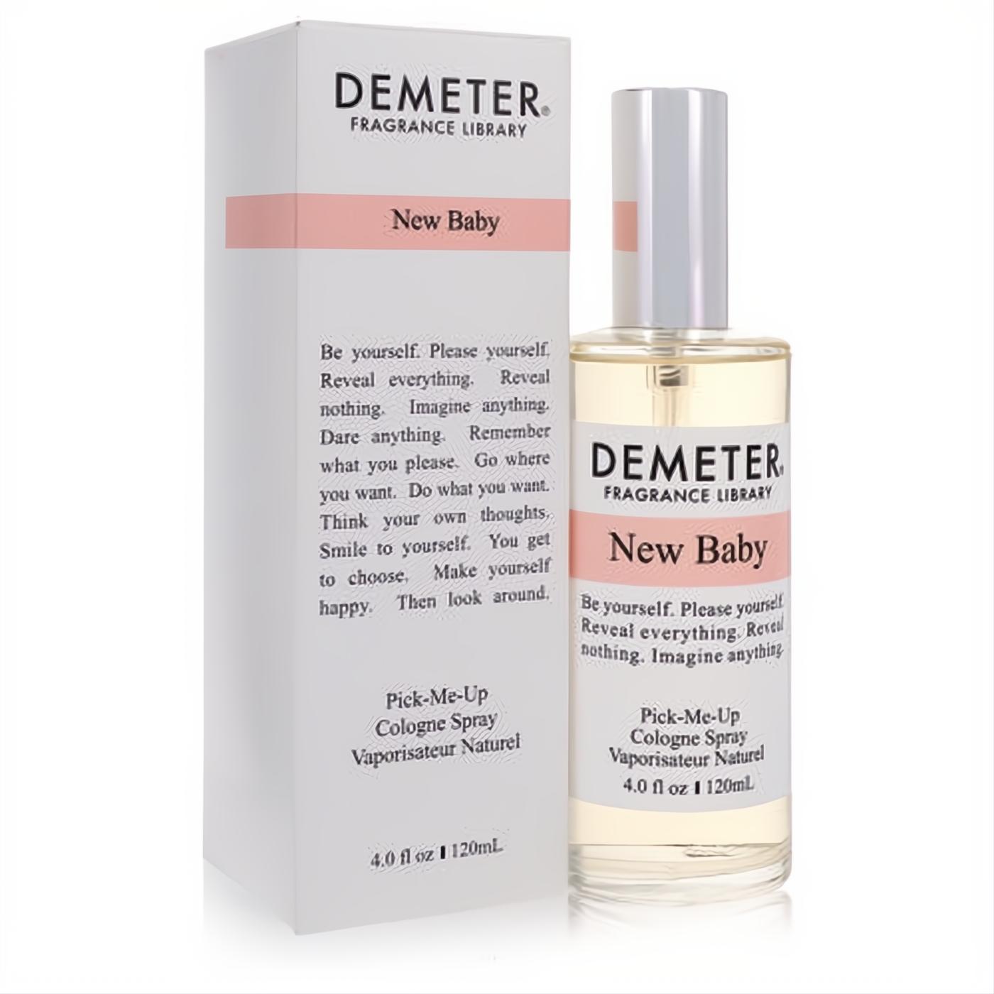 Demeter New Baby 4 oz cologne spray. Clear glass bottle with silver cap, and elegant white box featuring soft pink branding.