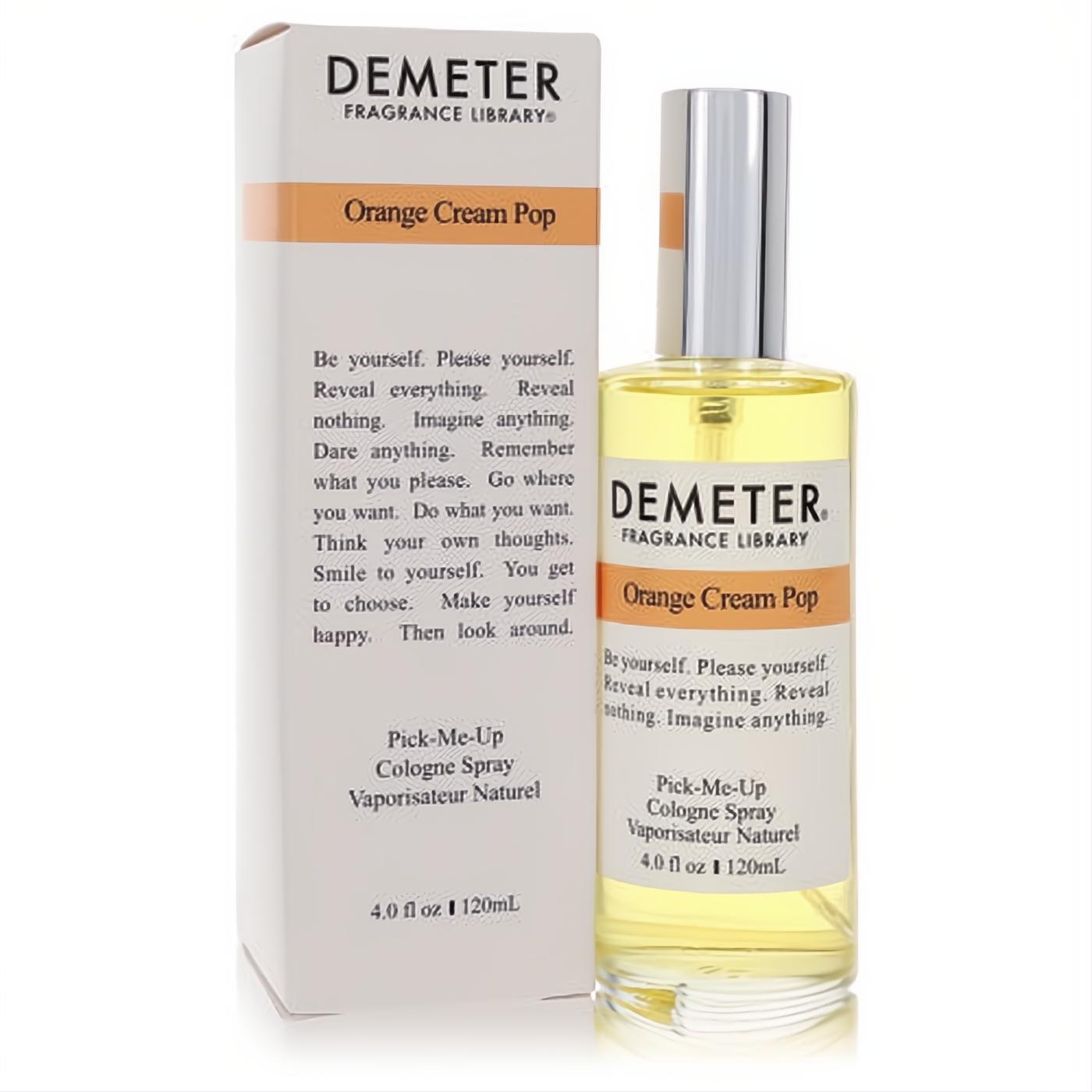 Demeter Orange Cream Pop 4 oz cologne spray. Clear glass bottle with sunny yellow liquid, silver cap, presented with its crisp white and orange box.