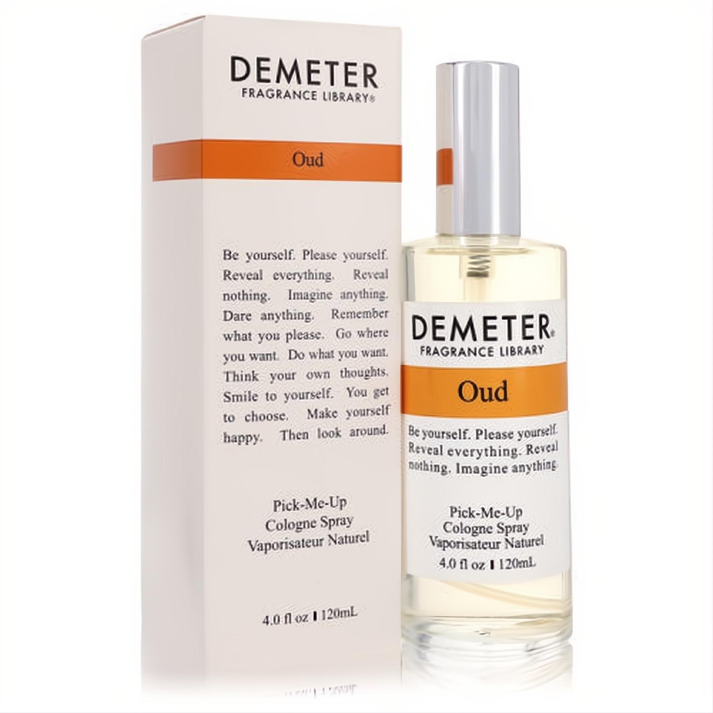 Elegant Demeter Oud 4 oz cologne spray in a clear glass bottle with a sleek silver cap, displayed with its crisp white and orange box.
