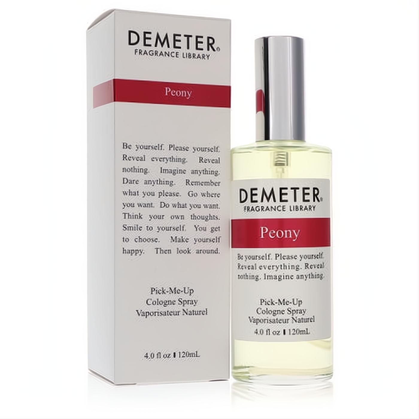 Demeter Peony 4 oz floral cologne spray. Clear bottle, silver cap, and matching box with a striking red "Peony" label.