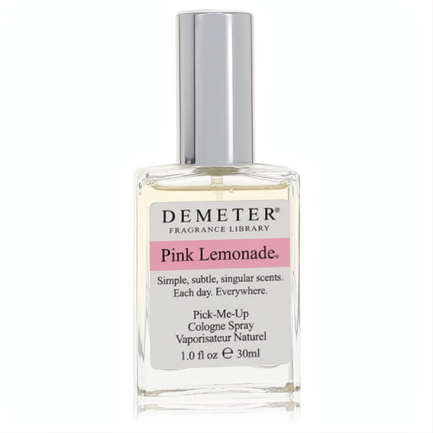 Demeter Pink Lemonade 1 oz cologne spray in a clear glass bottle with a sleek silver cap and signature pink label.