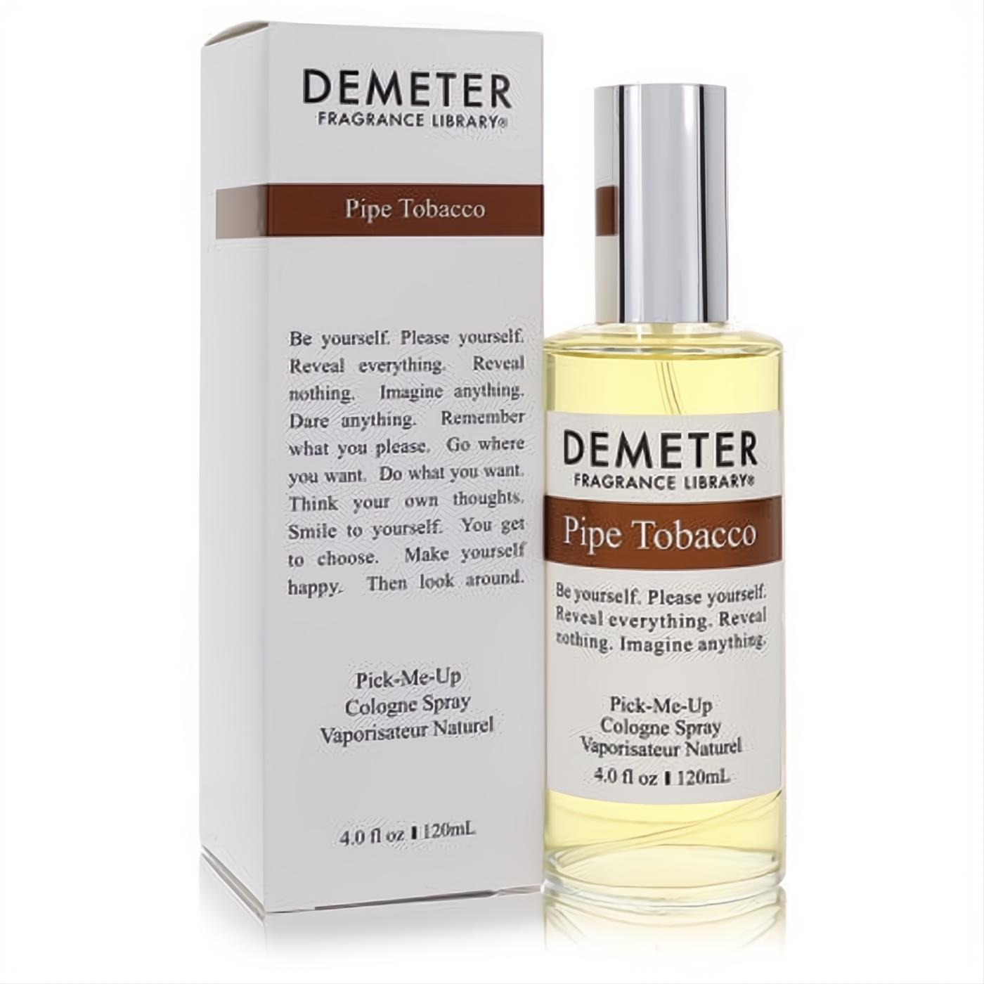 Demeter Pipe Tobacco 4 oz cologne spray: clear glass bottle with golden fragrance, sleek silver cap, and matching white box.