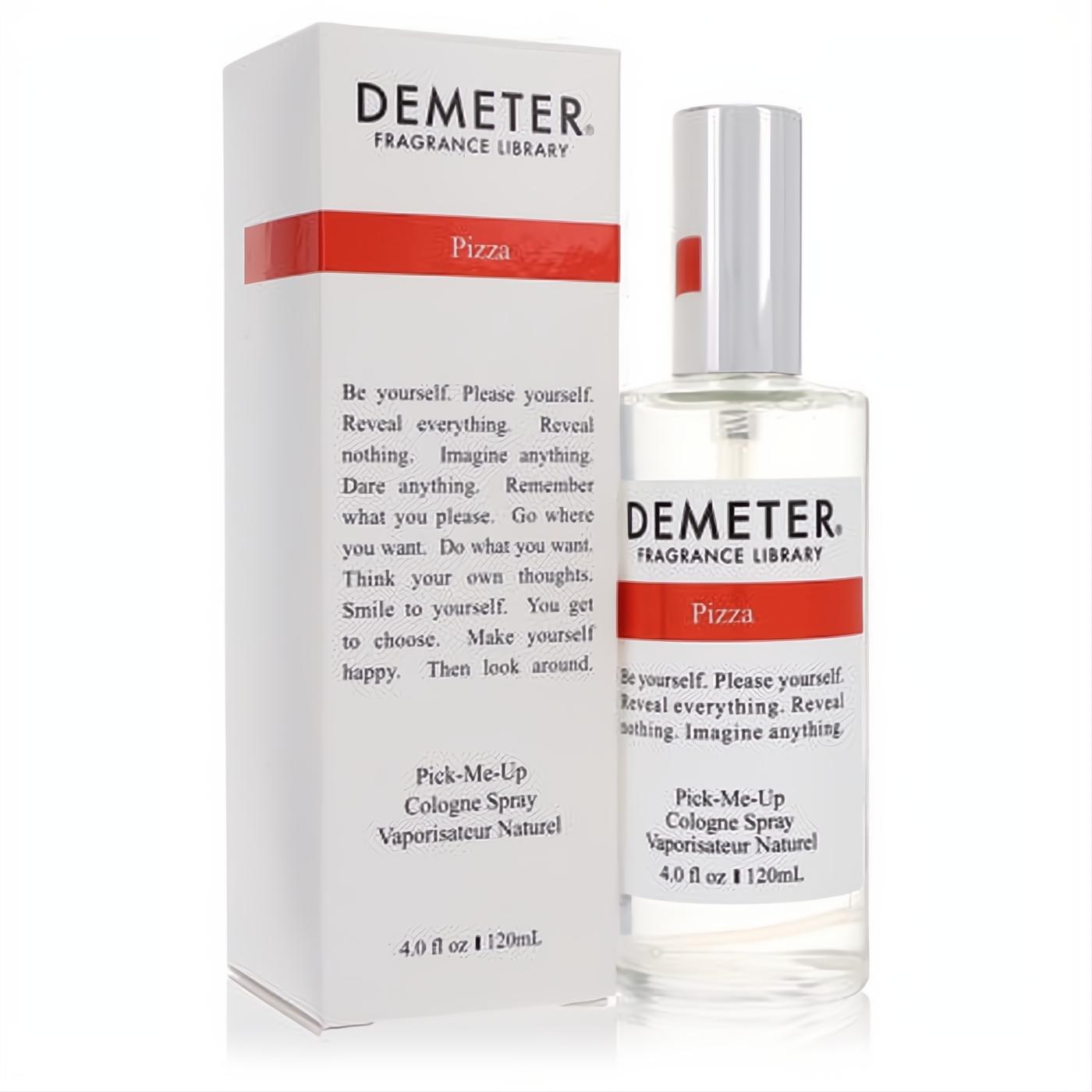 Demeter Pizza 4 oz cologne spray in a clear bottle and white box with a striking red stripe, evoking its unique food-inspired scent.