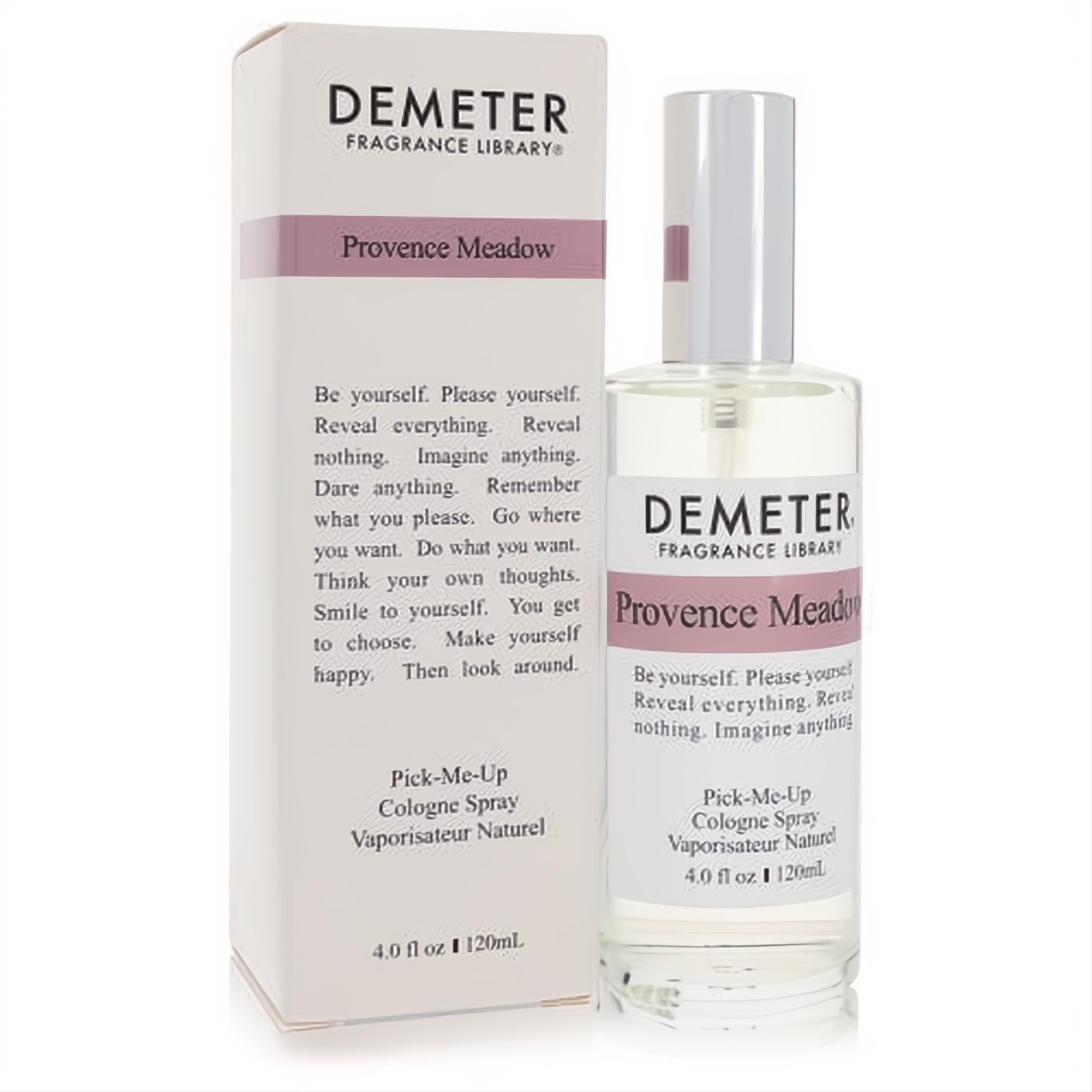 Demeter Provence Meadow 4 oz cologne spray. Clear glass bottle, silver cap, and elegant white box with a soothing lavender accent.