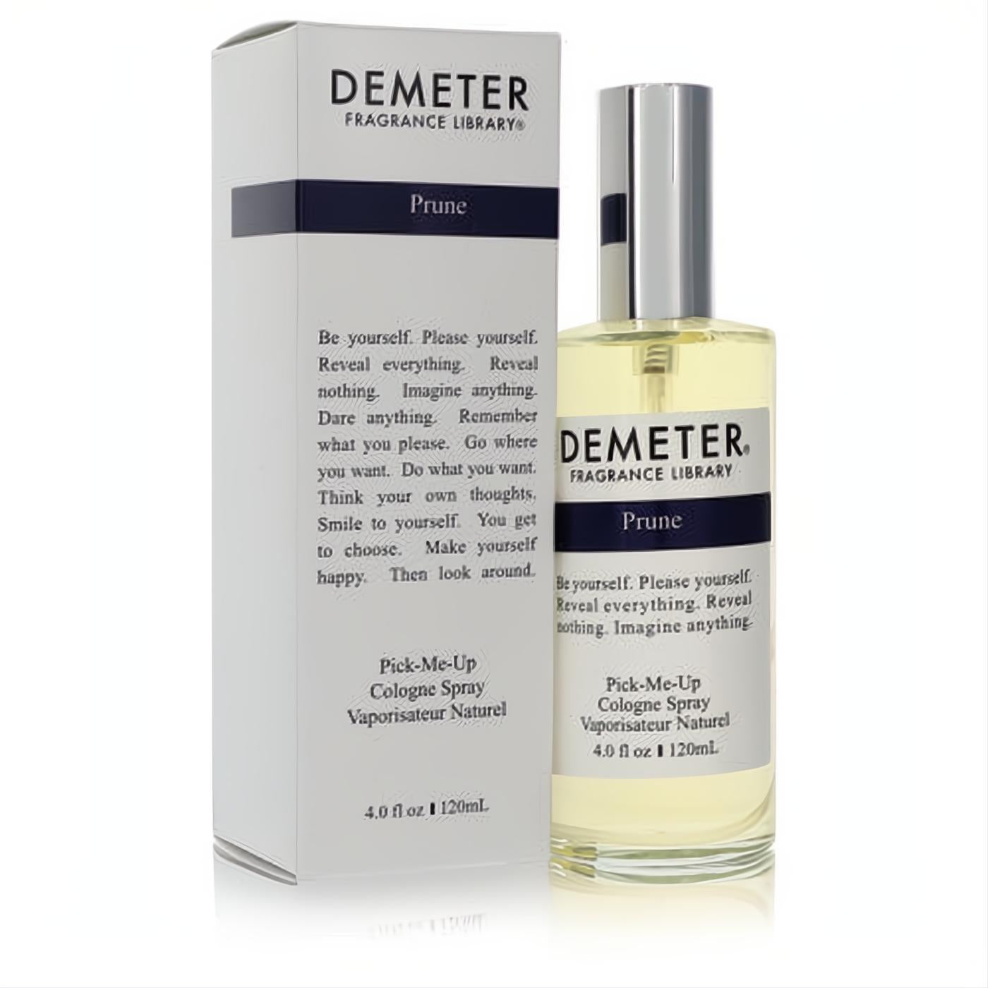 Demeter Prune 4 oz unisex cologne spray. Sleek clear glass bottle, silver cap, white box. Seductive sweet, fruity fragrance.