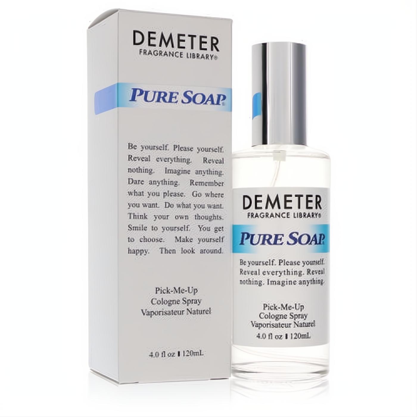 Demeter Pure Soap 4 oz cologne spray and box. Clear bottle, silver cap, white box with blue accents.
