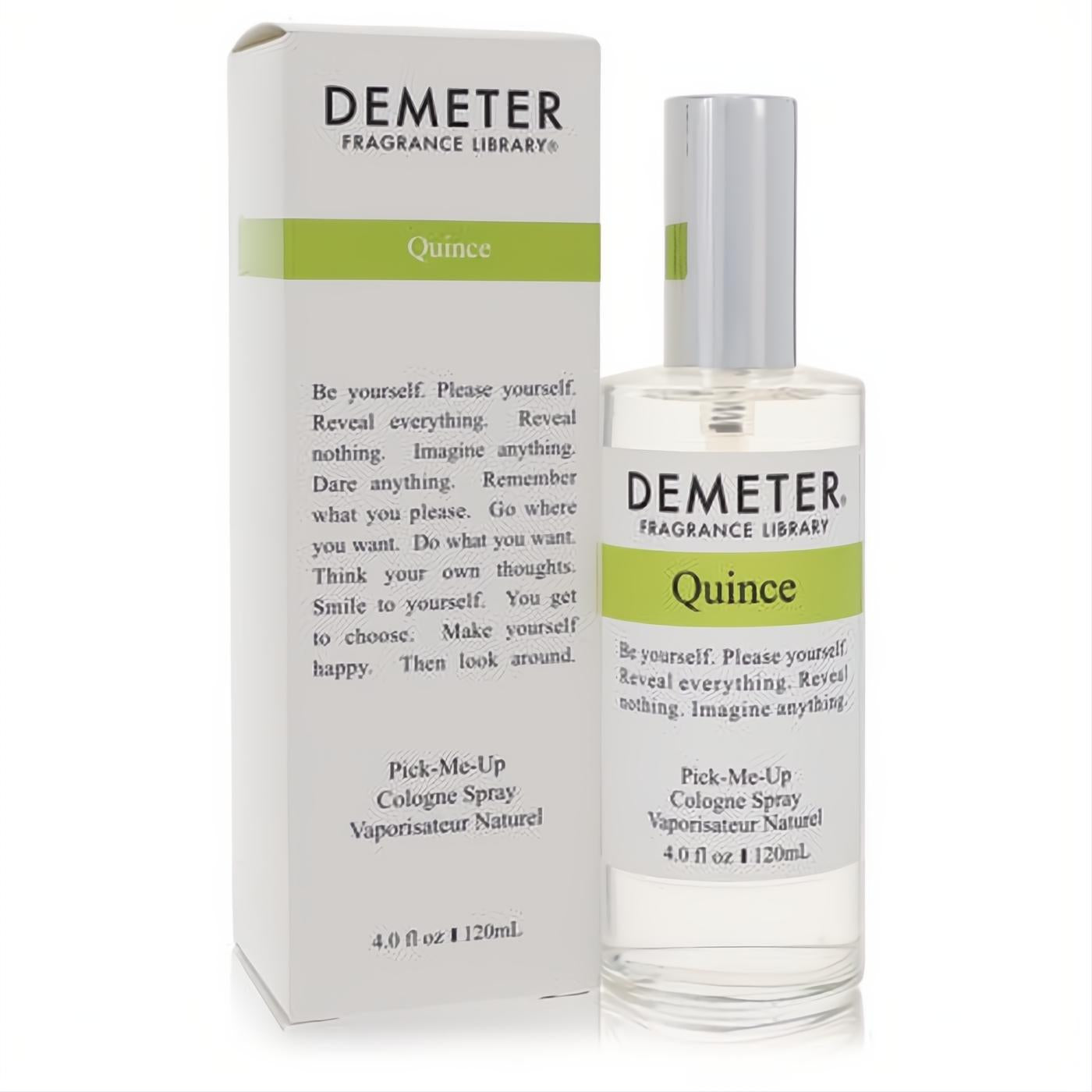 Fresh Demeter Quince 4 oz cologne spray in a sleek clear glass bottle with a silver cap, alongside its branded white and green box.