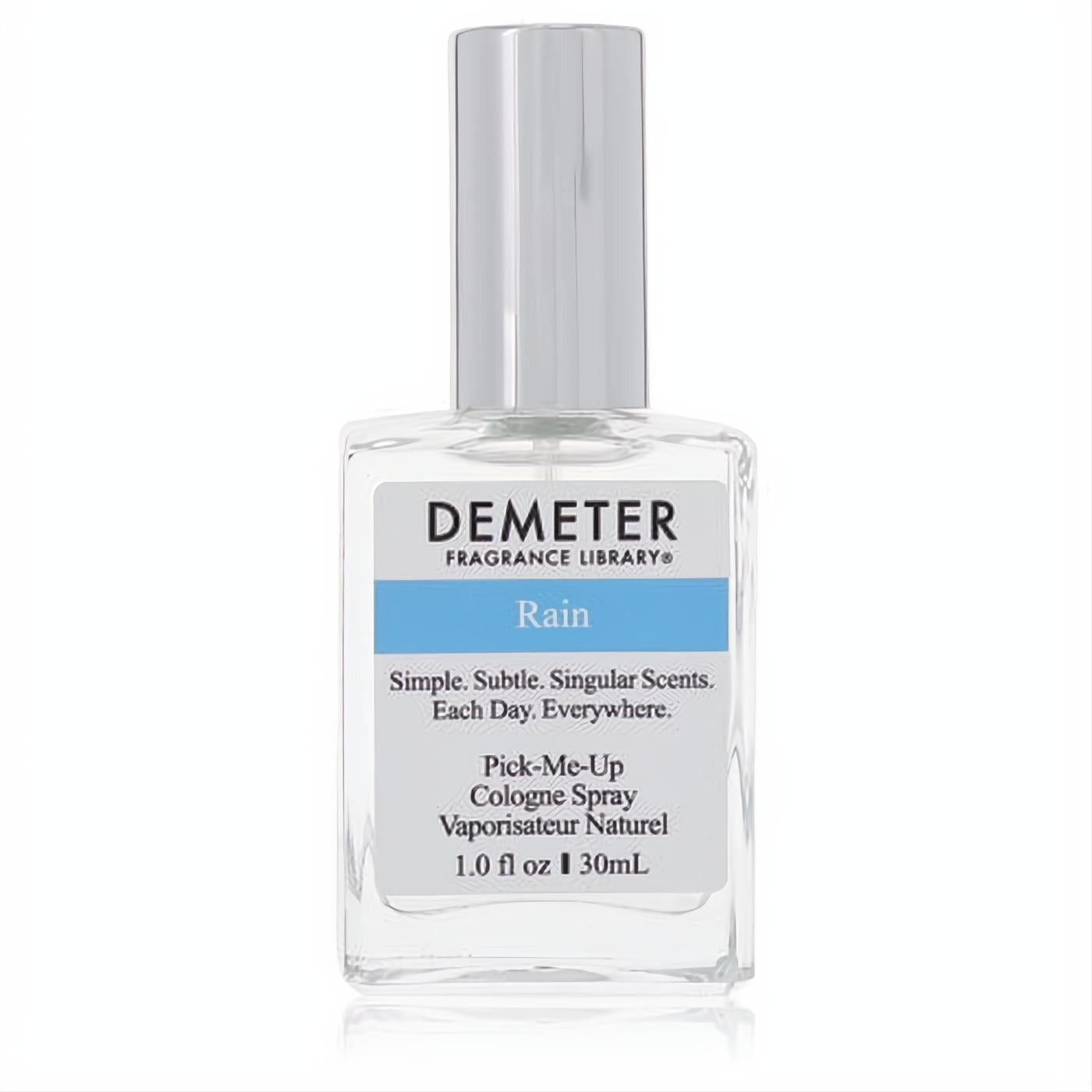 Demeter Rain 1 oz unisex cologne spray. Clear glass bottle with sleek silver cap and refreshing blue-accented label.