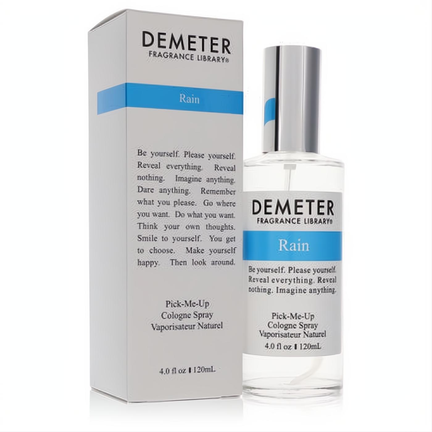 Refreshing Demeter Rain 4 oz unisex cologne spray. Clear glass bottle, silver cap, and elegant white box with a blue "Rain" label.