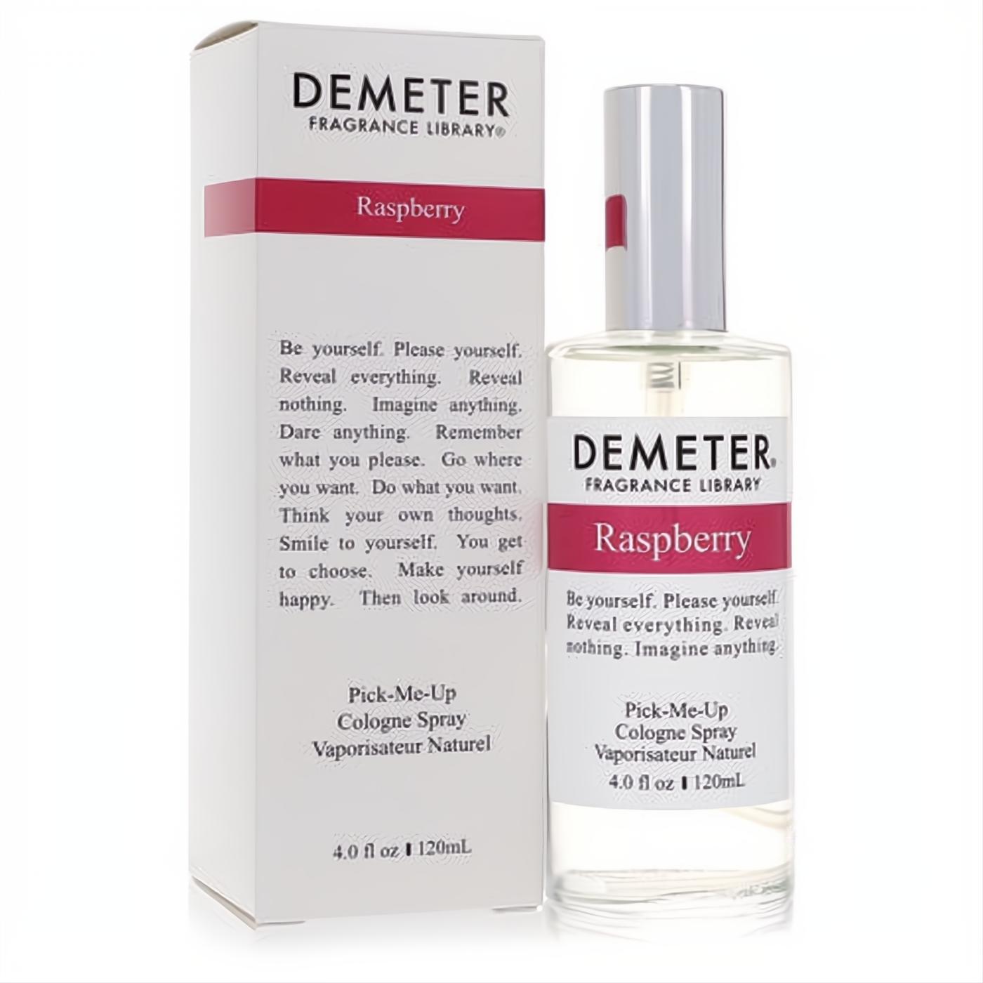 Demeter Raspberry 4 oz cologne spray. Clear glass bottle with a vibrant raspberry-pink label, presented with its clean white box.