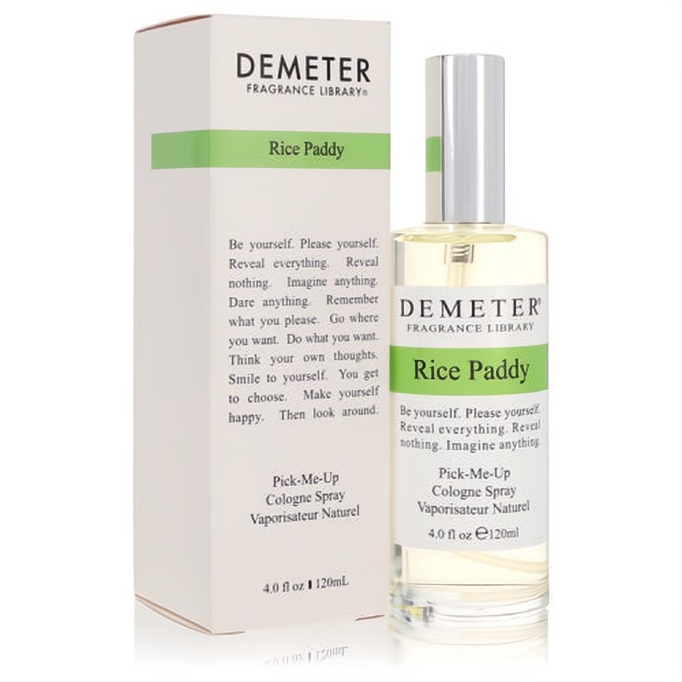 Fresh Demeter Rice Paddy 4 oz cologne spray. Sleek clear bottle, silver cap, and matching white box with vibrant green text.