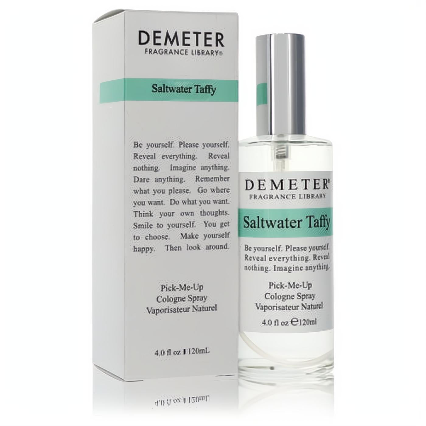 Sweet Demeter Saltwater Taffy 4 oz unisex cologne spray. Clear glass bottle with silver cap and elegant white box.
