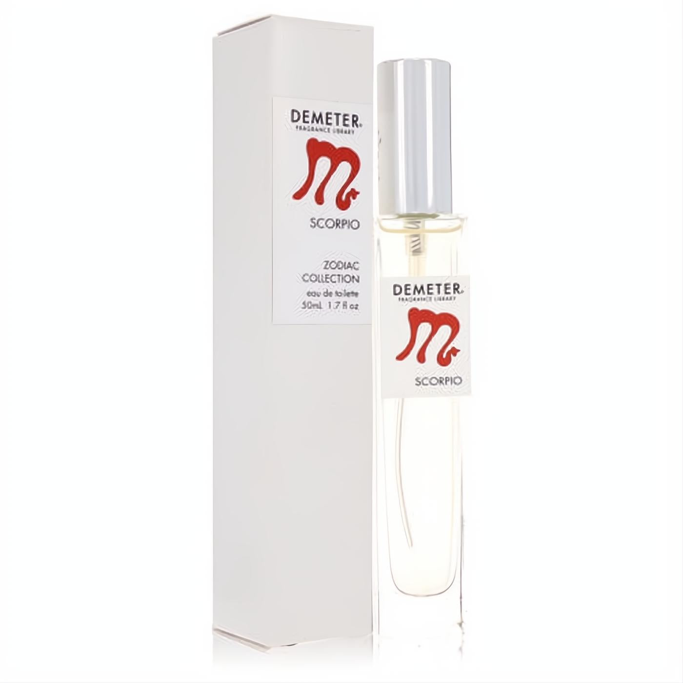 Demeter Scorpio 1.7 oz Eau de Toilette. Clear glass spray bottle with silver cap and white box, featuring the striking red zodiac symbol.