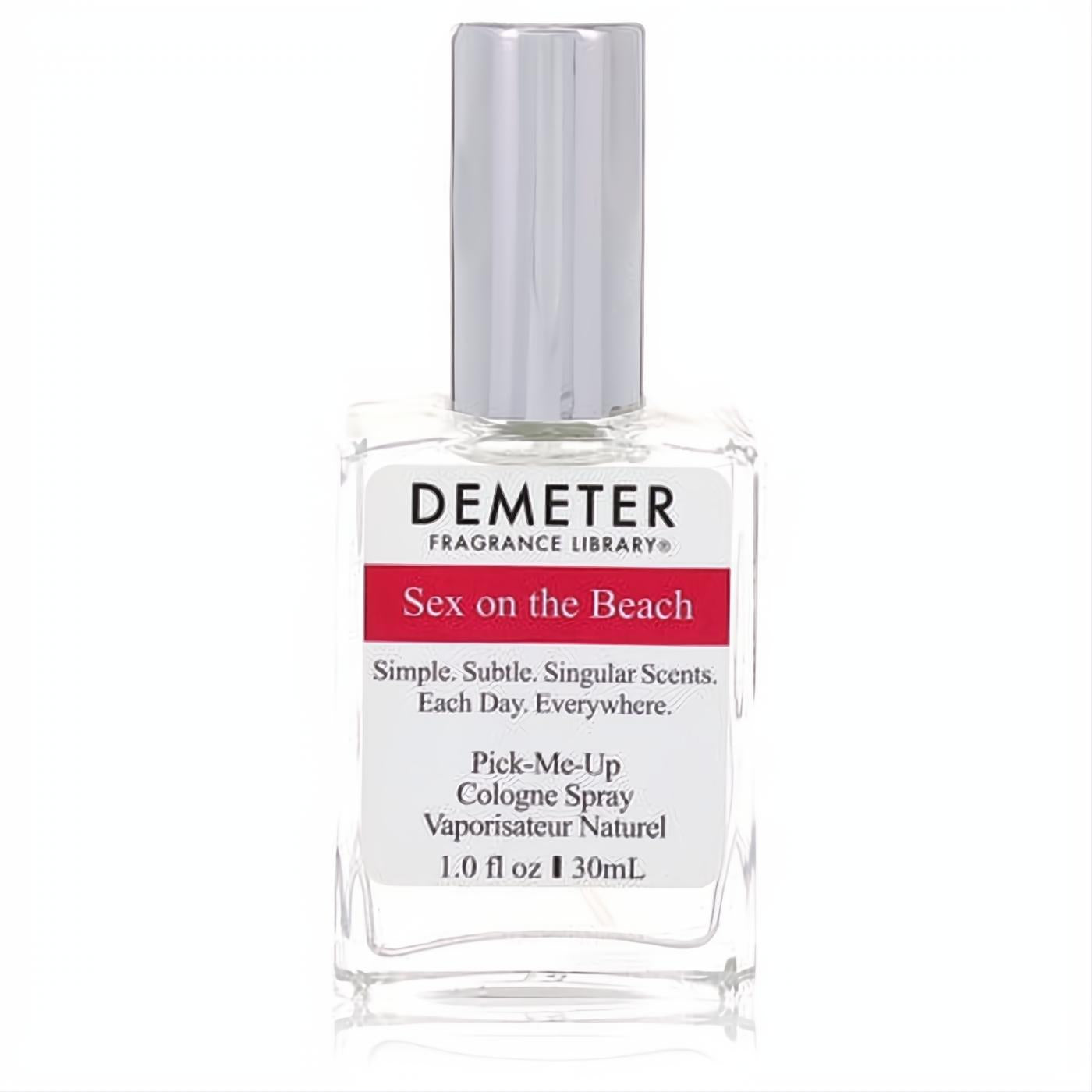 Demeter Sex On The Beach 1 oz women's cologne spray. Clear glass bottle, sleek silver cap, vibrant red label.
