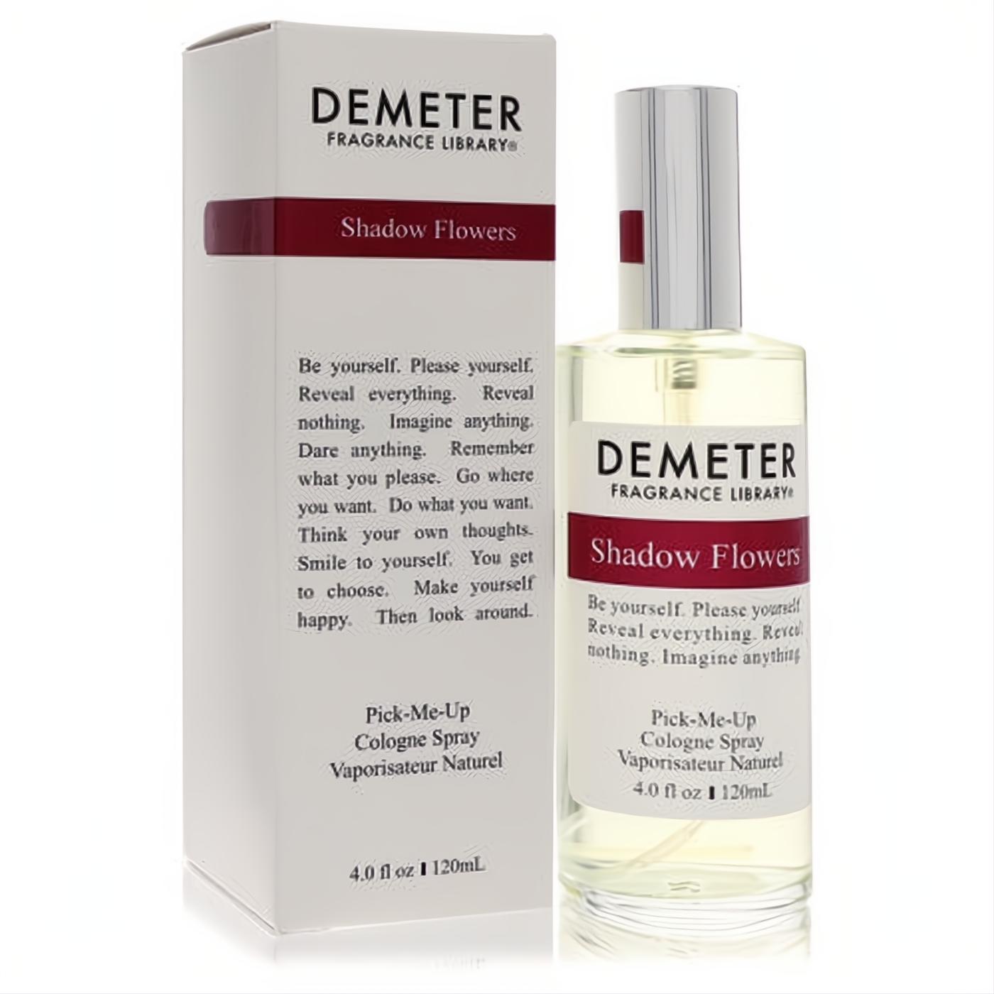 Experience Demeter Shadow Flowers 4 oz cologne spray. Clear glass bottle, sleek silver cap, and elegant white box with burgundy branding.