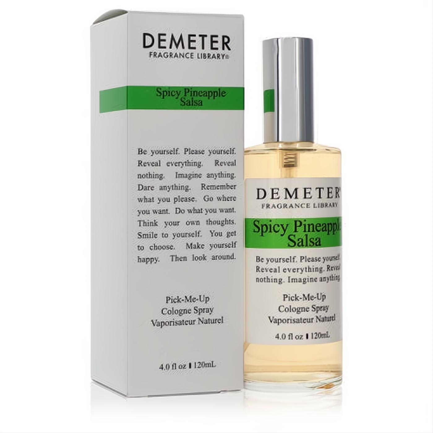 Demeter Spicy Pineapple Salsa 4 oz unisex cologne. Clear glass spray bottle with sleek silver cap and crisp white packaging.