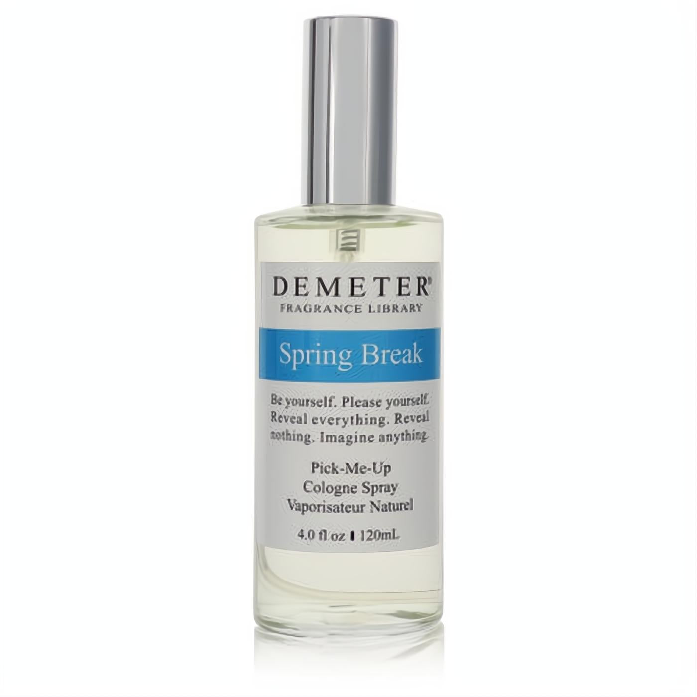 Demeter Spring Break 4 oz women's cologne spray. Clear glass bottle with a sleek silver cap and vibrant blue "Spring Break" label.