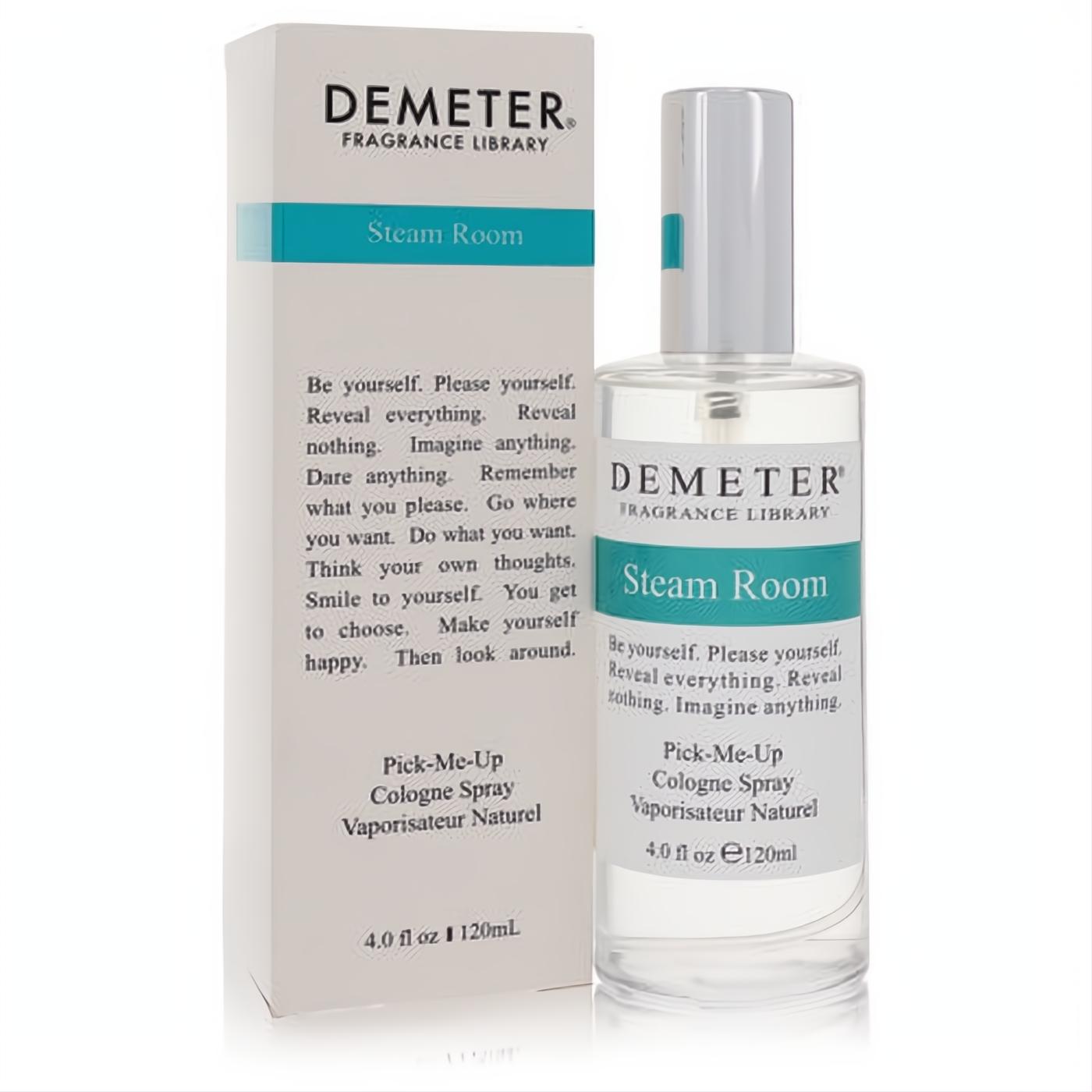 Demeter Steam Room 4 oz cologne spray. Clear glass bottle with silver cap and vibrant teal label, beside its crisp white box.
