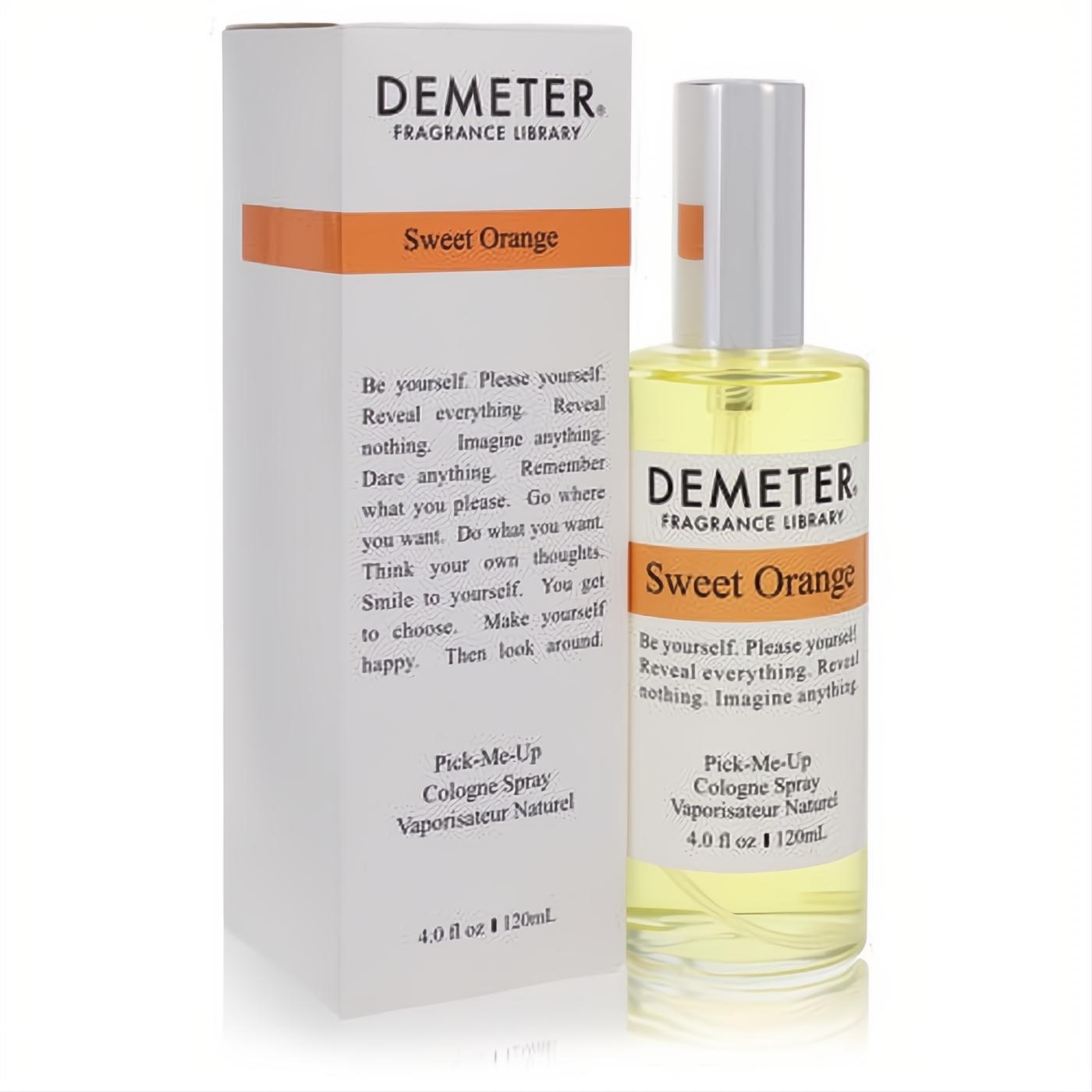 Demeter Sweet Orange 4 oz cologne spray. Clear glass bottle with bright yellow liquid, elegant white box with orange accents.
