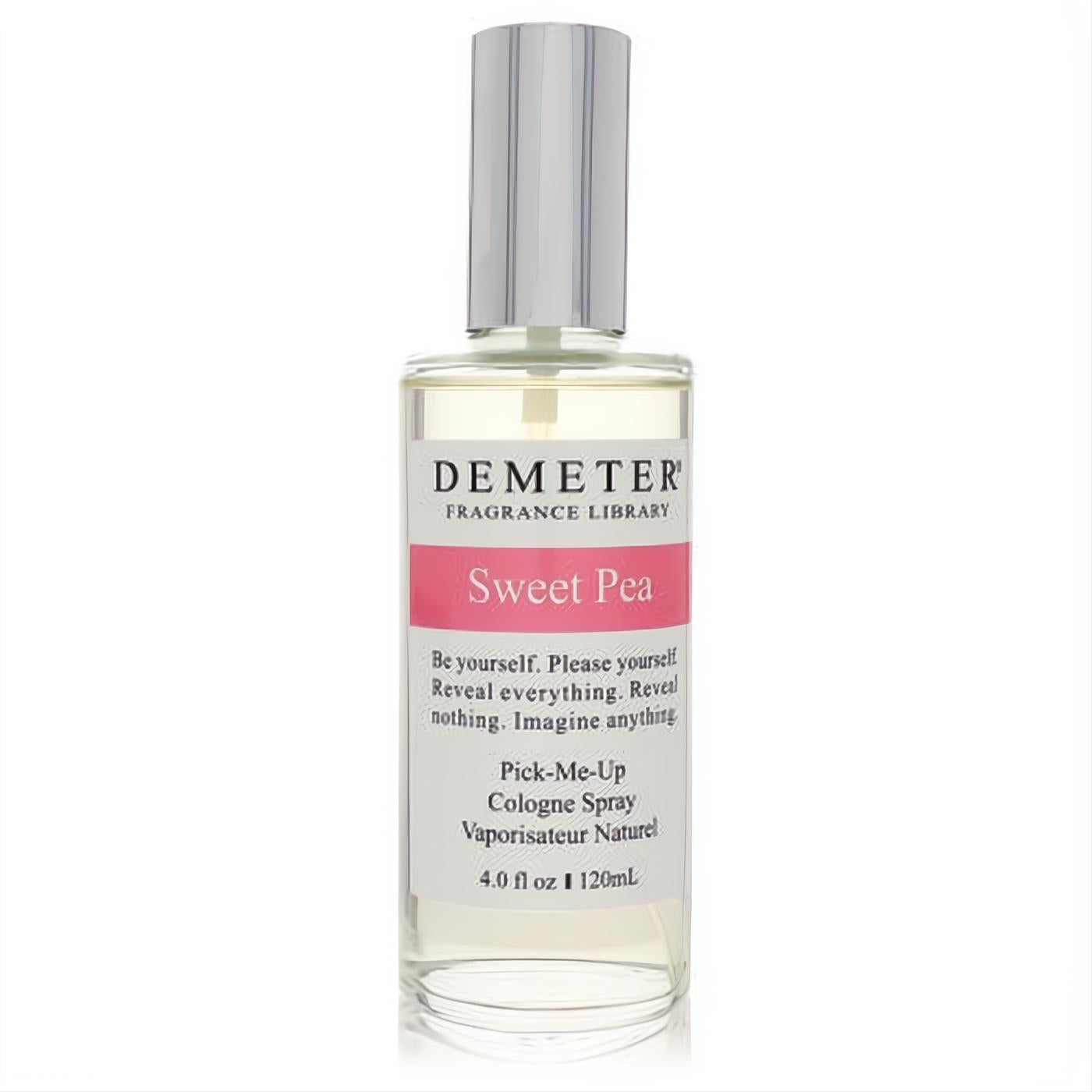 Demeter Sweet Pea 4 oz women's cologne spray. Clear glass bottle, sleek silver cap, and a vibrant pink label.