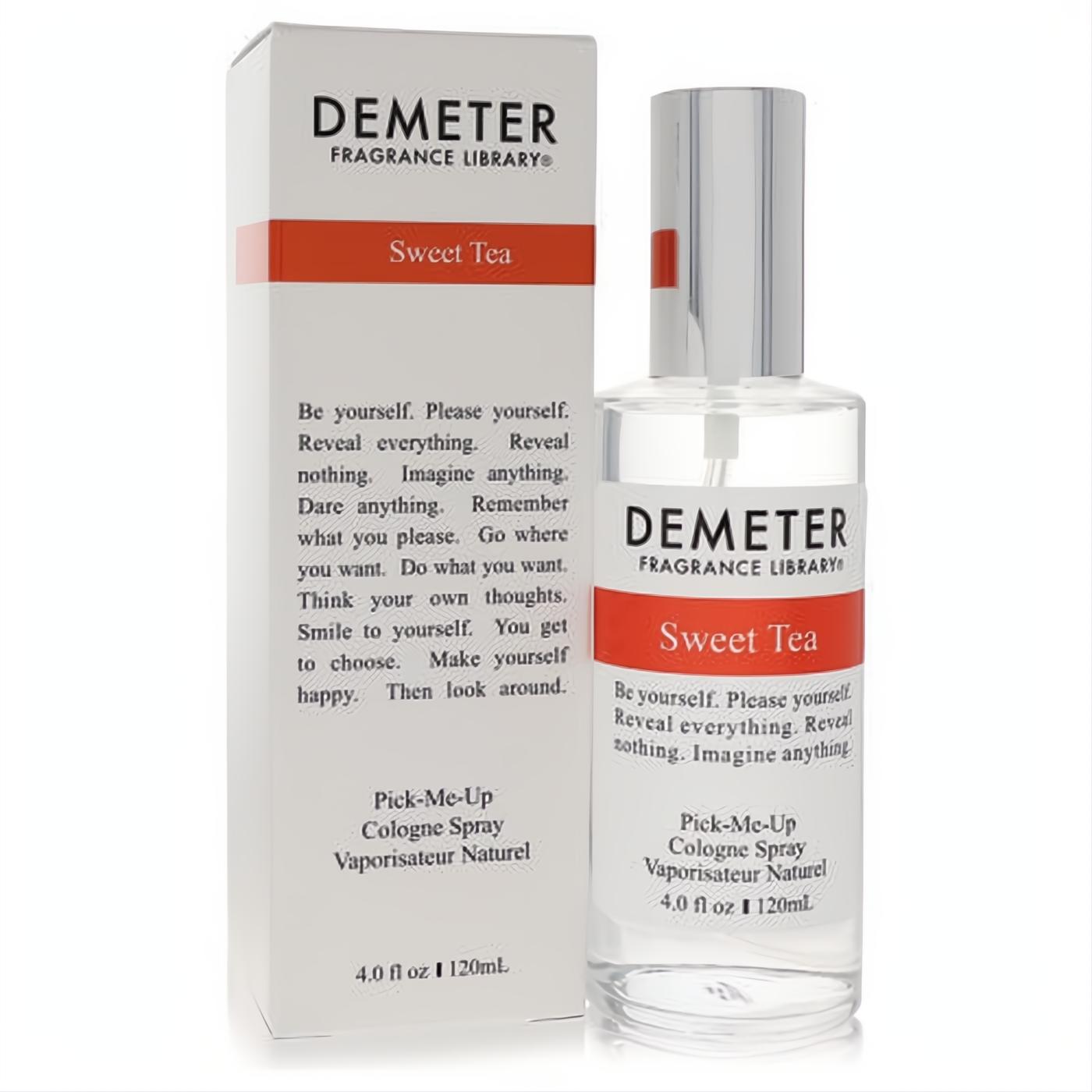 Demeter Sweet Tea 4 oz cologne spray: clear glass bottle with sleek silver cap, paired with its crisp white & orange box.