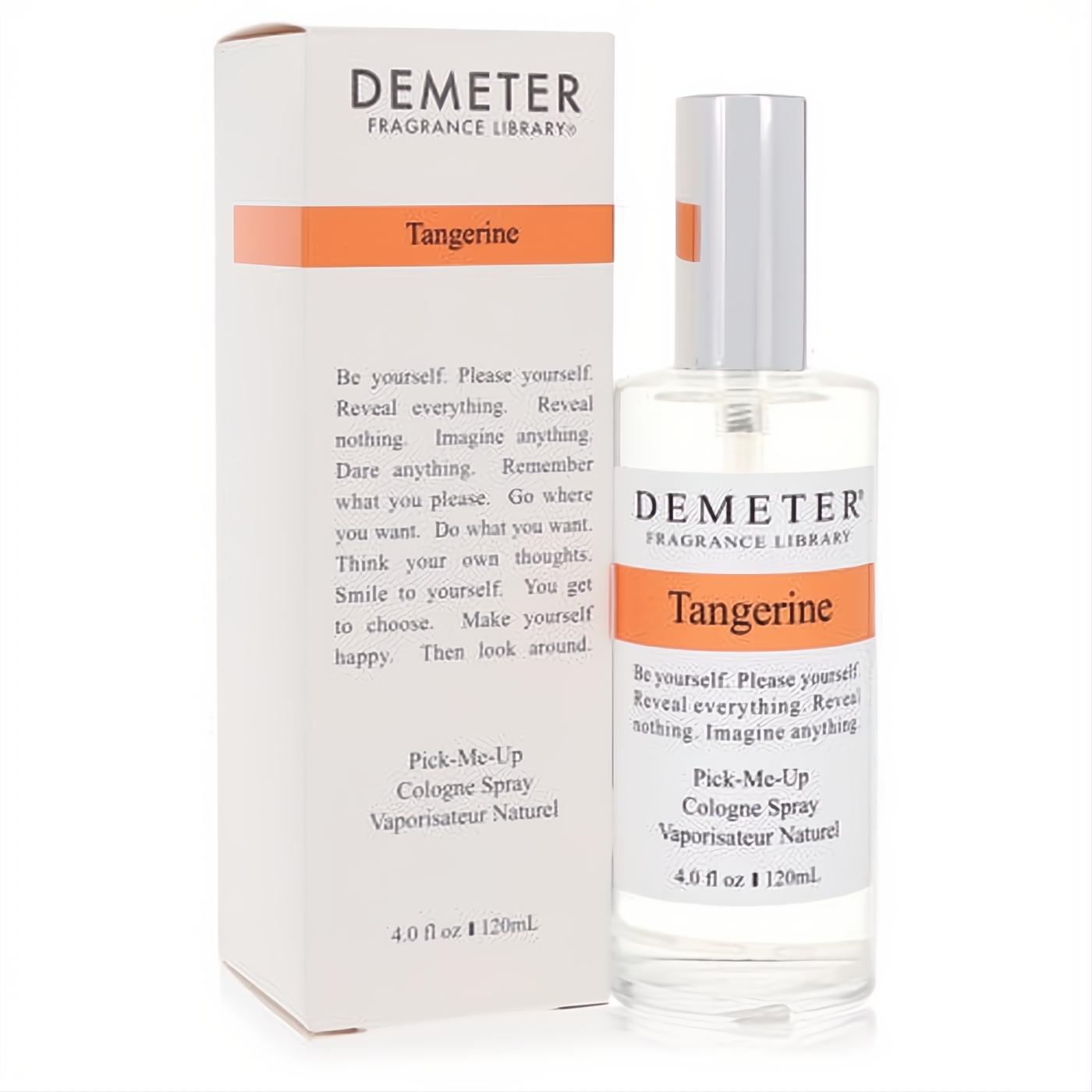 Demeter Tangerine 4 oz Pick-Me-Up cologne spray in a clear glass bottle and white box with vibrant orange branding.
