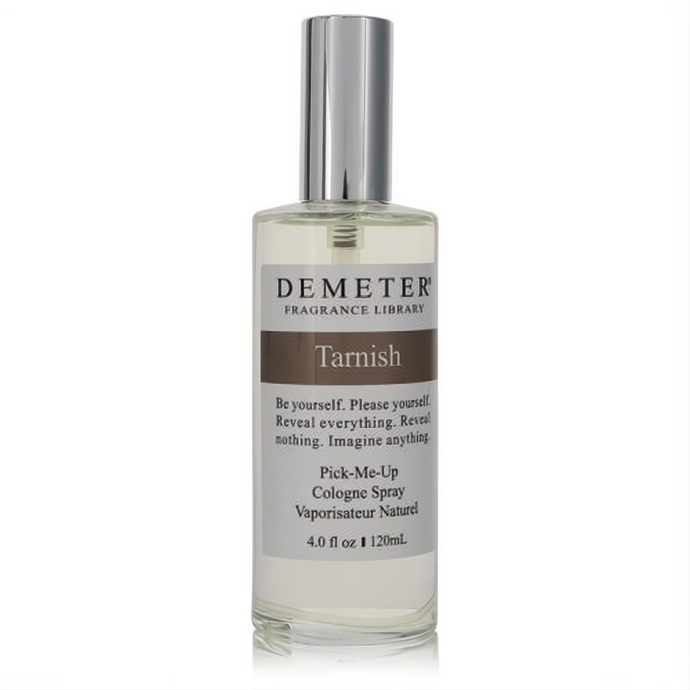 Demeter Tarnish 4 oz unisex cologne spray. Clear glass bottle, shiny silver cap, and unique brown "Tarnish" label. Relive cherished memories.