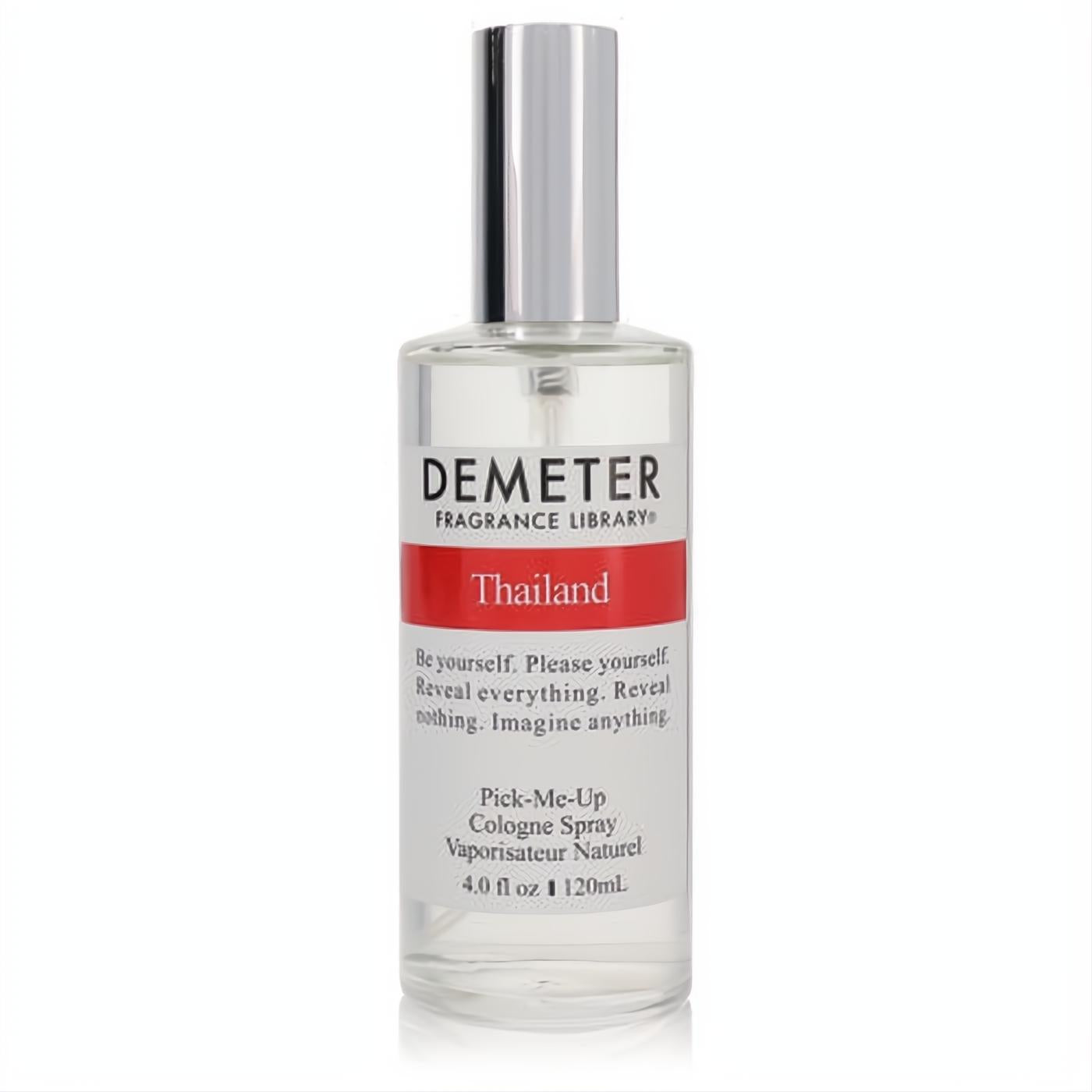 Demeter Thailand 4 oz fragrance spray: clear glass bottle, sleek silver cap, and a vibrant red "Thailand" label.