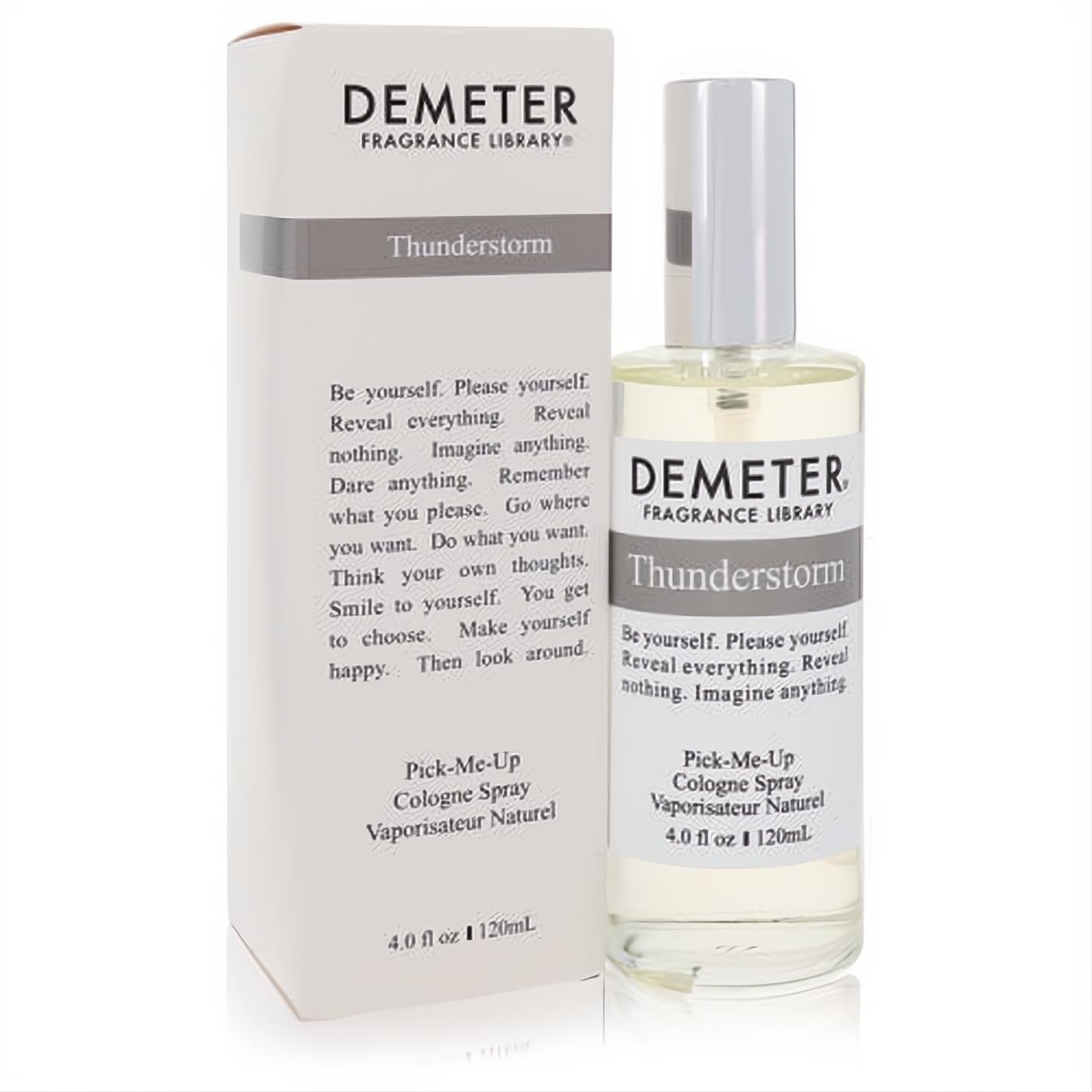 Demeter Thunderstorm 4 oz cologne spray in a sleek clear glass bottle with silver cap, presented with its elegant white box.
