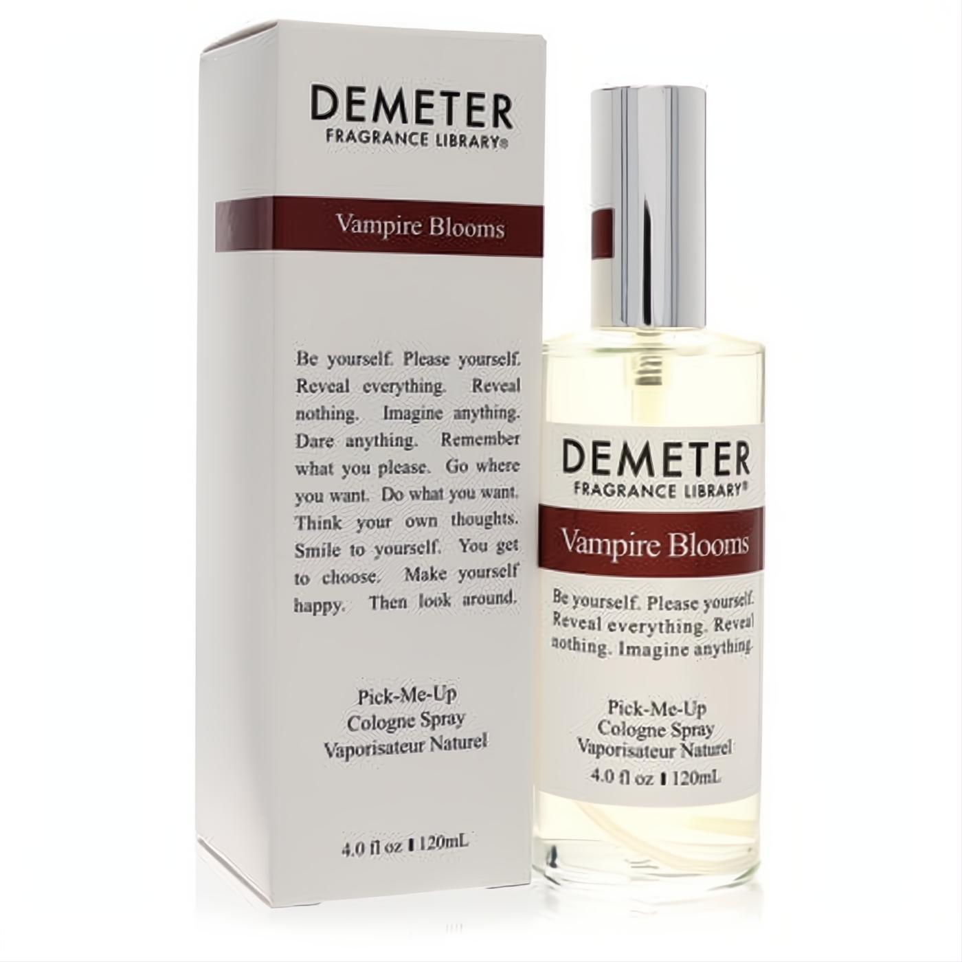 Demeter Vampire Blooms 4 oz cologne spray. Clear glass bottle, silver cap, and white box with a bold dark red label.