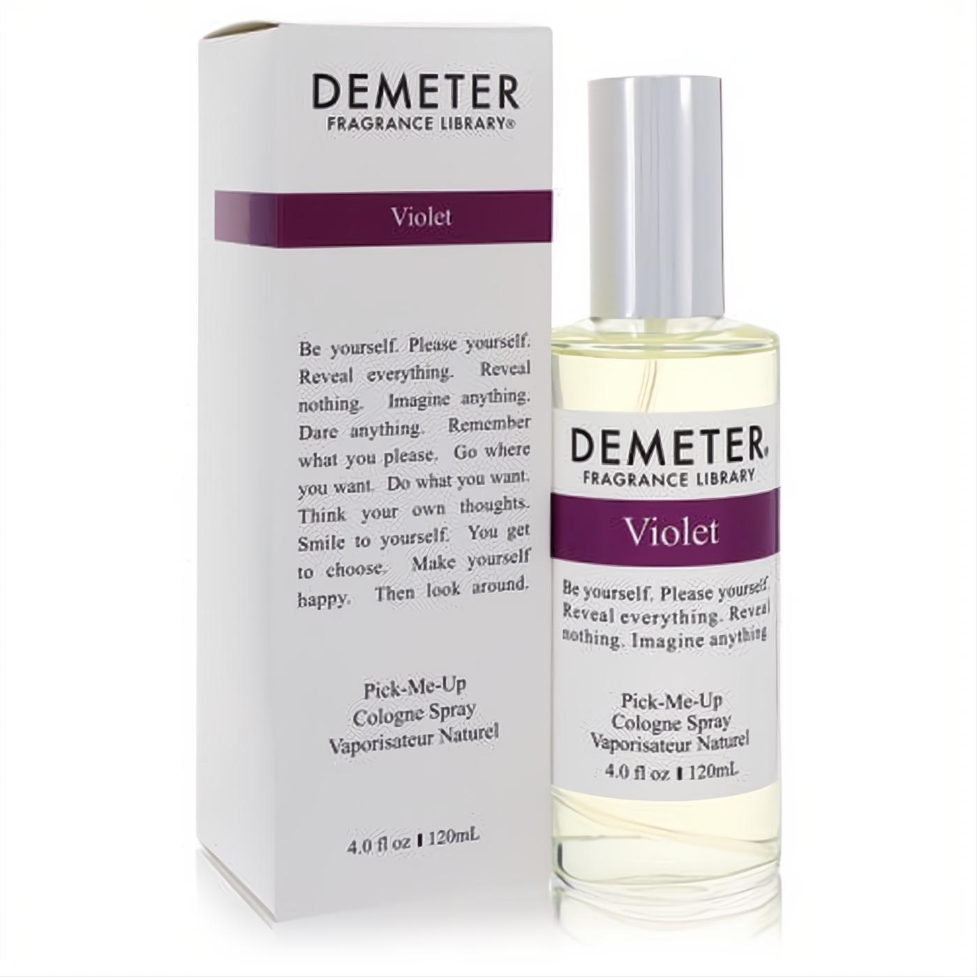 Demeter Violet 4 oz cologne spray: clear glass bottle, sleek silver cap, white label with bold purple 'Violet' band, beside its crisp white box.