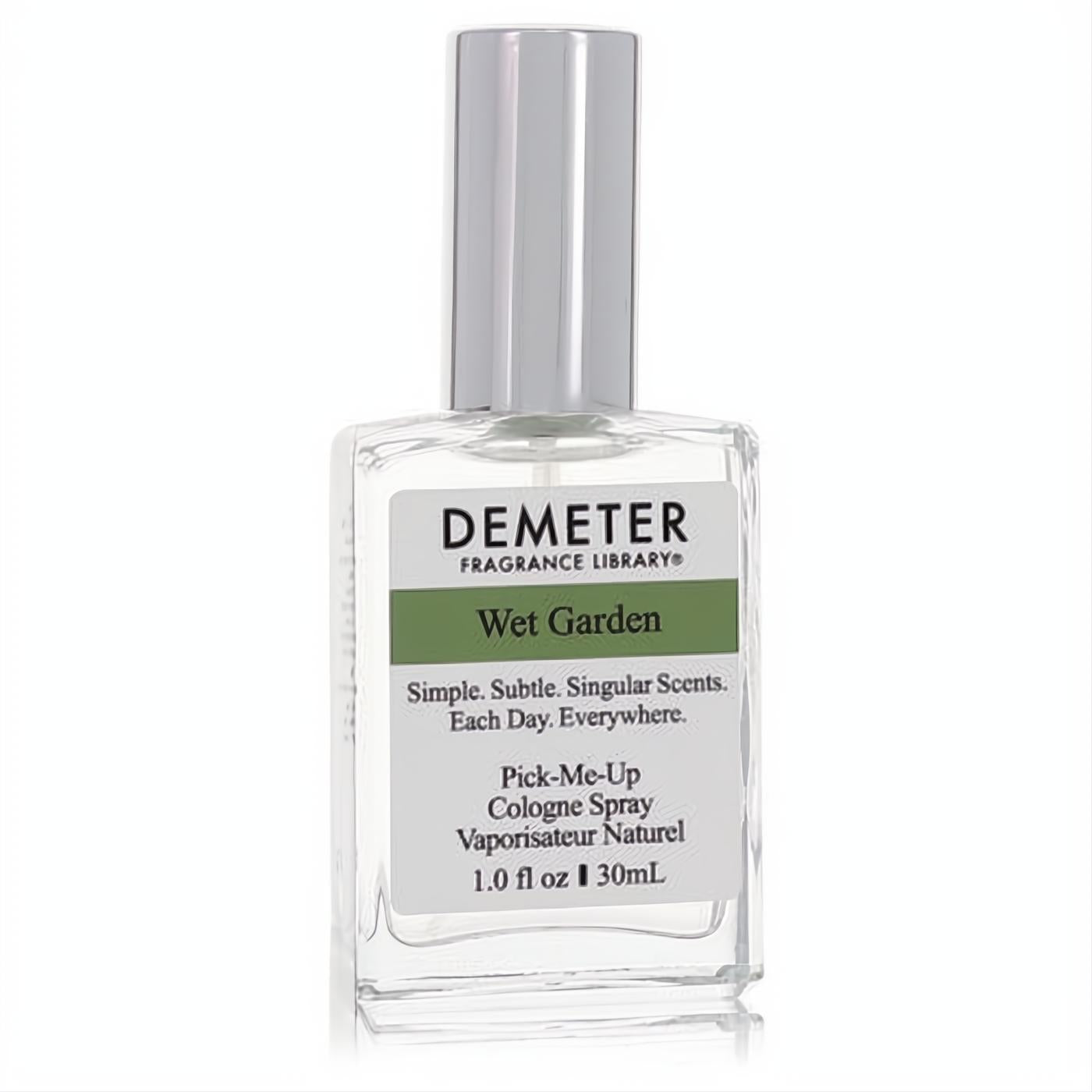Demeter Wet Garden 1 oz women's cologne spray. Clear glass bottle, sleek silver cap, and fresh green label.