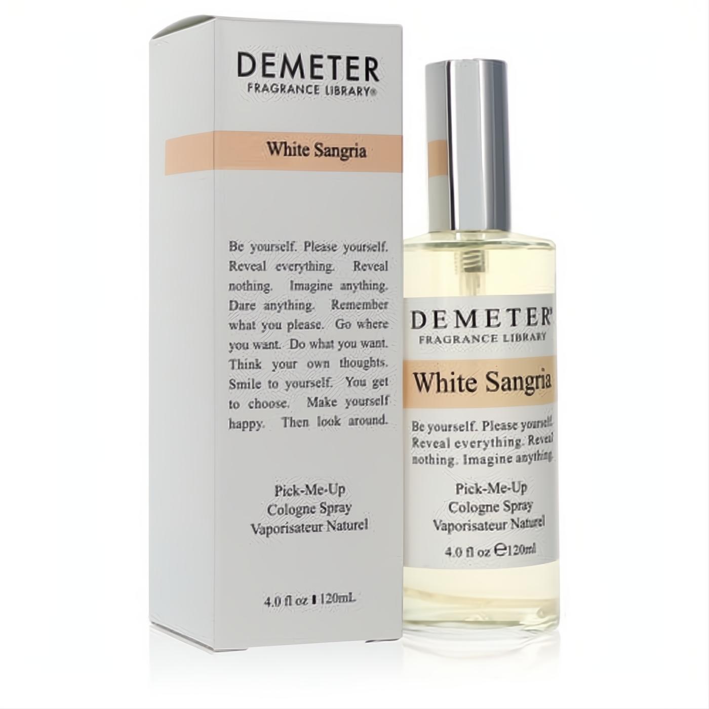 Demeter White Sangria 4 oz unisex cologne spray. Clear glass bottle with silver cap, alongside its sophisticated white and peach packaging.
