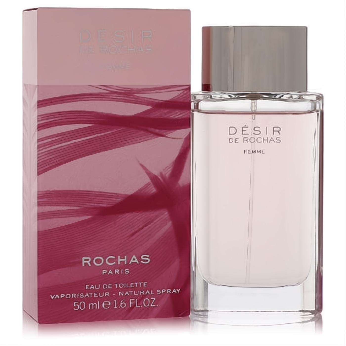 Desir De Rochas 1.6 fl oz Eau De Toilette. Elegant clear glass bottle with light pink fragrance, silver cap, and chic pink feather-design box.