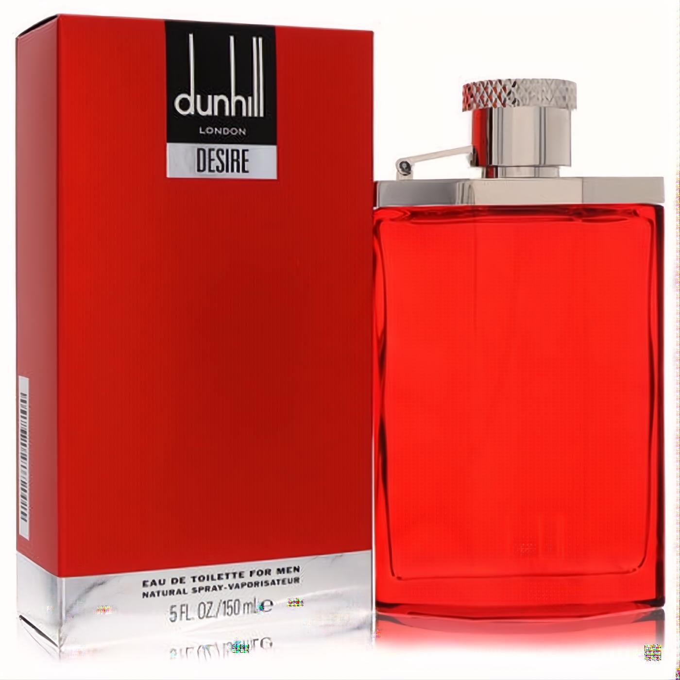 Bold red Alfred Dunhill Desire EDT for men, 5 oz. Sleek rectangular bottle with textured silver cap, displayed with its vibrant matching box.