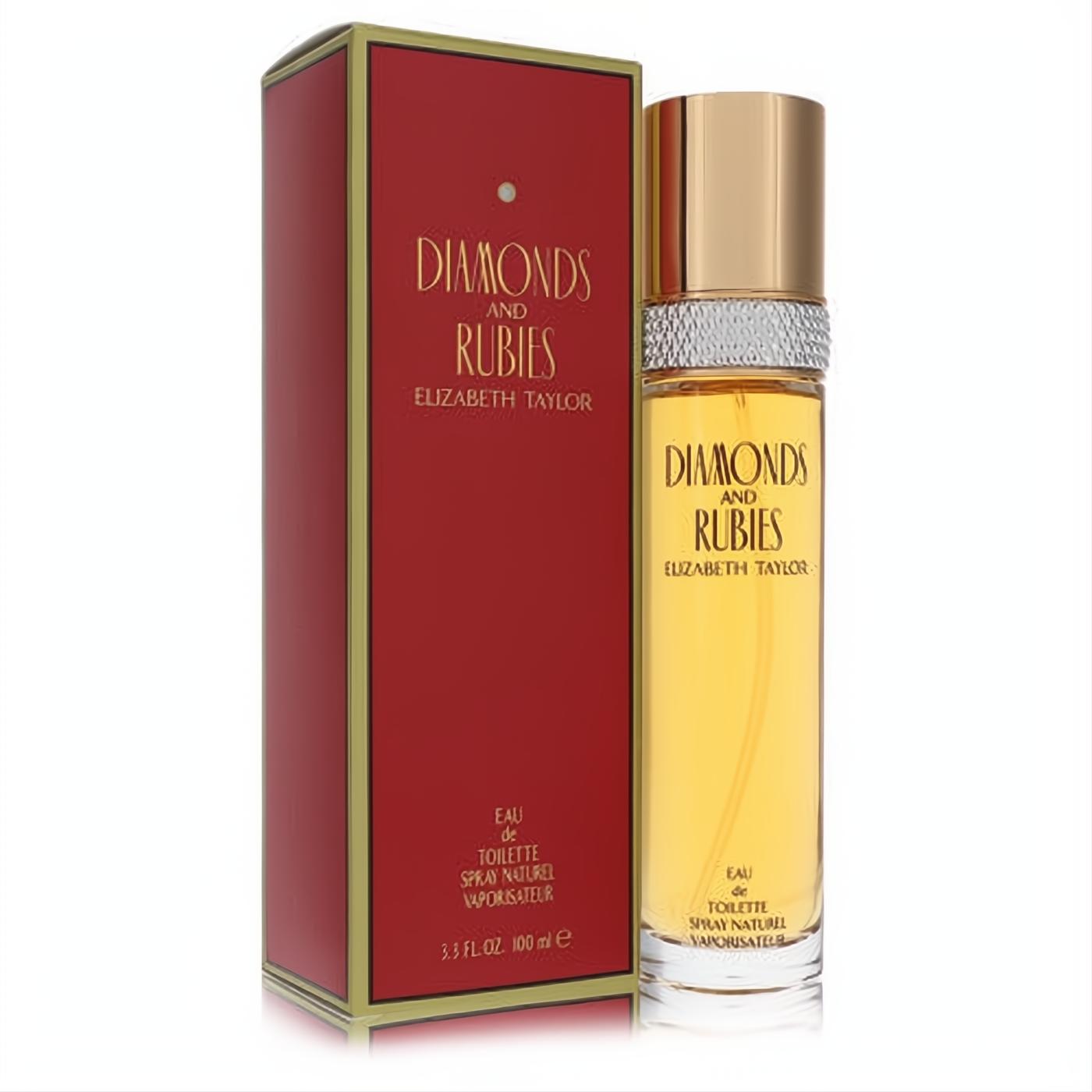 Elizabeth Taylor Diamonds & Rubies 3.4 oz women's EDT spray, elegant clear bottle with gold cap, crystal band, and ruby red box.