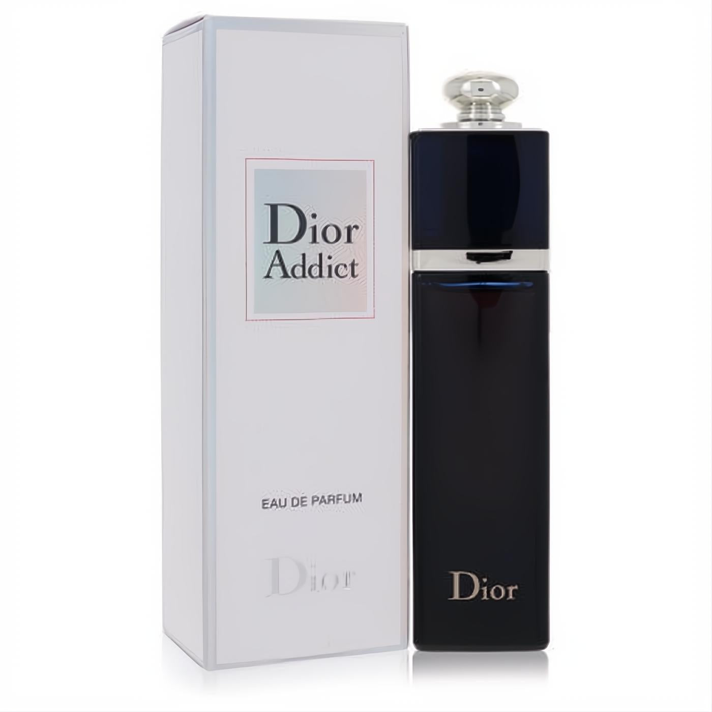 Experience Dior Addict 1.7 oz Eau De Parfum. Elegant dark blue glass bottle with a silver cap and matching white box.