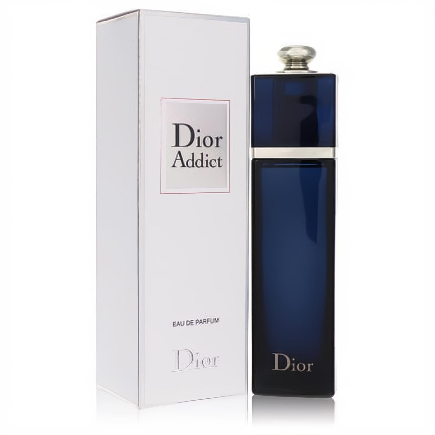 Dior Addict Eau De Parfum 3.4 oz: elegant dark blue glass bottle with silver cap and iconic white branded box.