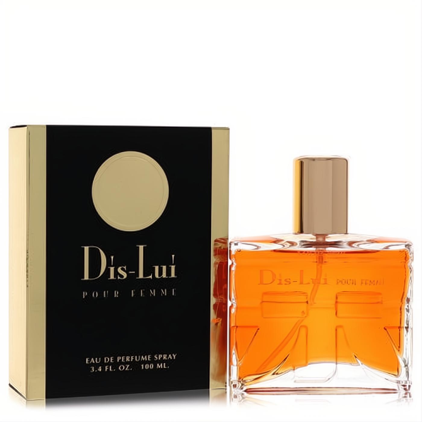 Elegant Dis Lui by YZY Perfume 3.4 oz Eau De Parfum. Amber liquid in a clear glass bottle with gold cap, beside a chic black and gold box.