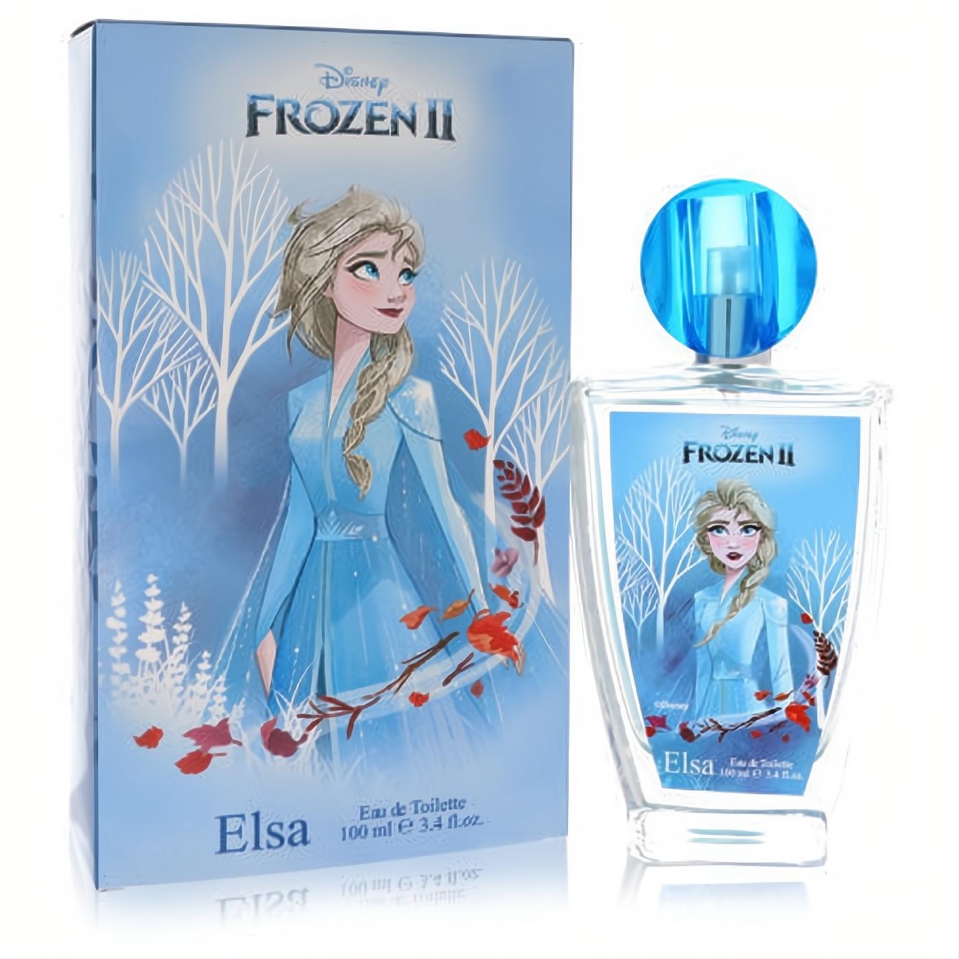 Sparkling Disney Frozen II Elsa 3.4 oz Eau de Toilette. Clear bottle with blue cap and box showcase Elsa in a winter forest.
