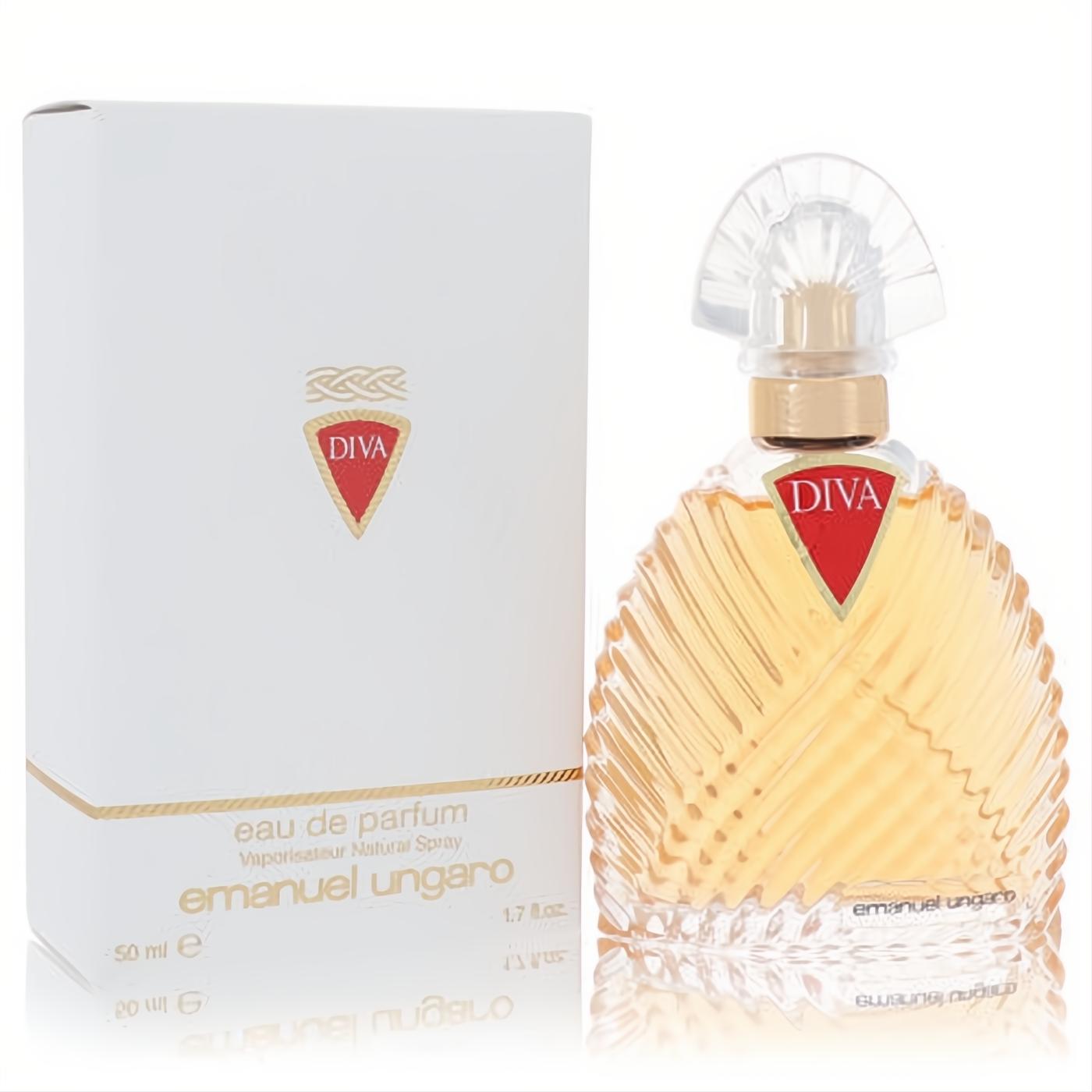 Diva by Ungaro 1.7 oz Eau De Parfum spray. Luxurious ribbed glass bottle with amber liquid, unique fan cap, and white box.