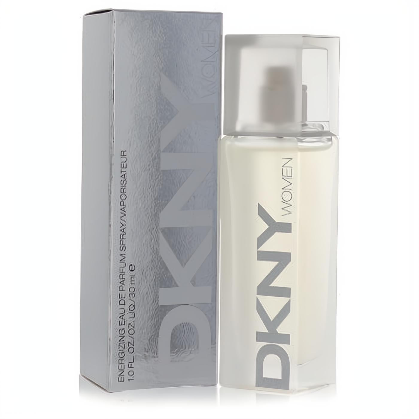 Elevate your scent with DKNY Women 1 oz Eau De Parfum. Features a modern frosted white spray bottle and a chic silver metallic box.