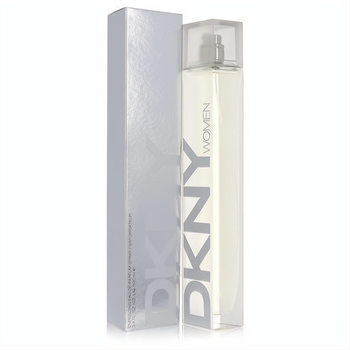 Sleek DKNY Women Energizing 3.4 oz EDP in a clear glass bottle with silver logo, paired with its elegant silver box.