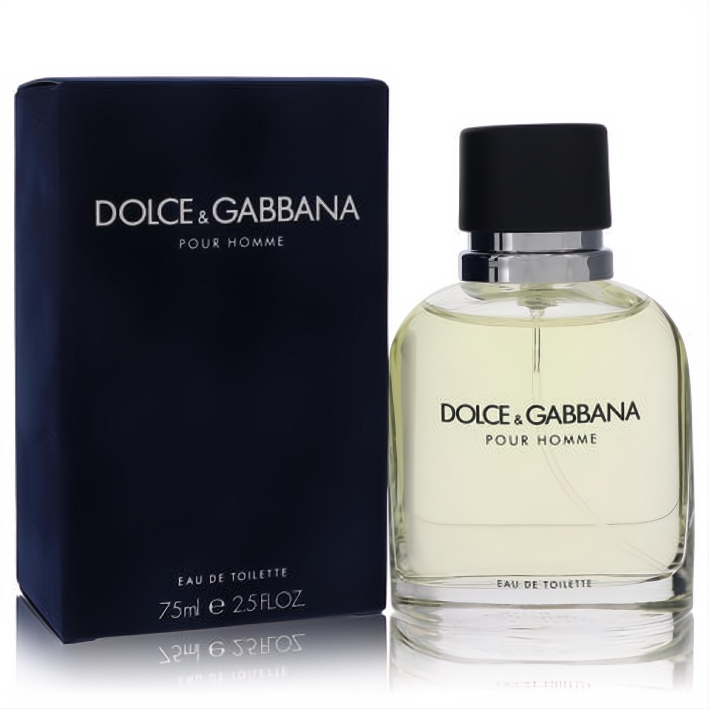 Sophisticated Dolce & Gabbana Pour Homme 2.5 oz EDT. Clear glass bottle with black cap, paired with its sleek navy blue box.